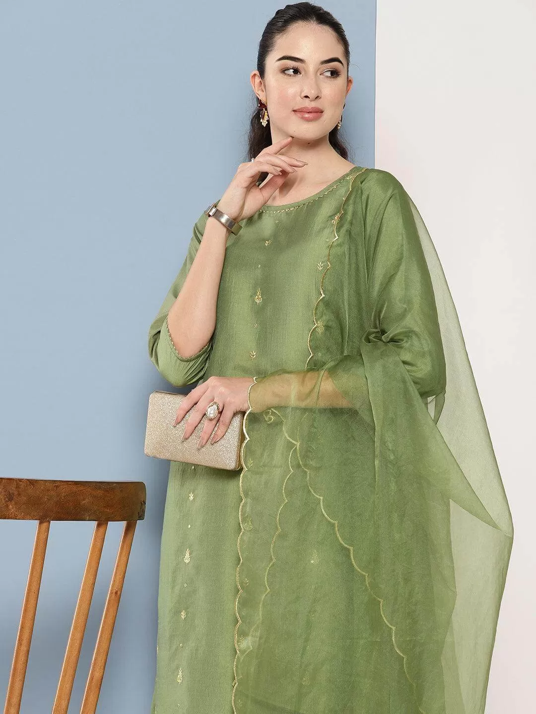 Green Chinon Solid Kurta with Pant and Dupatta