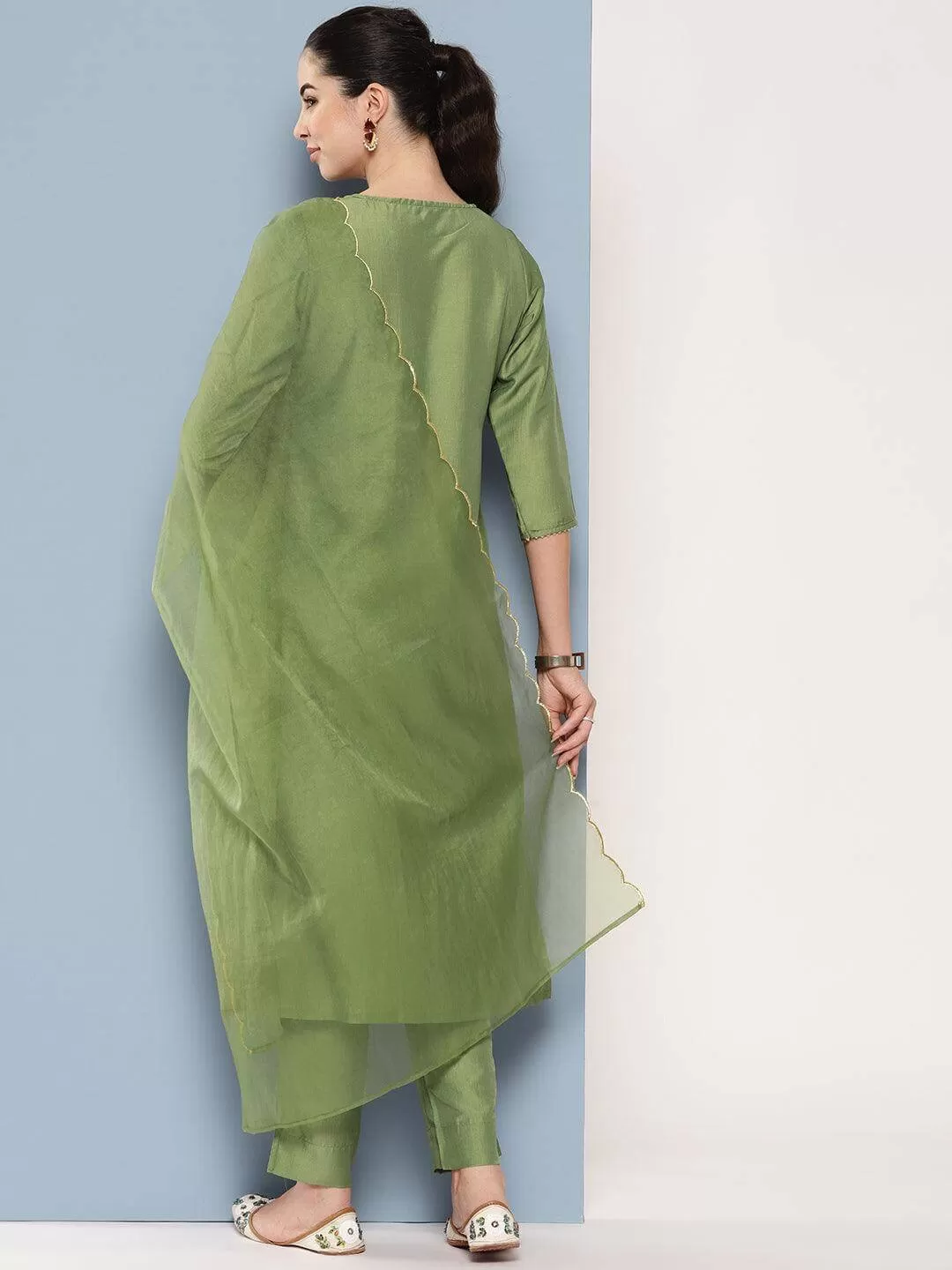 Green Chinon Solid Kurta with Pant and Dupatta