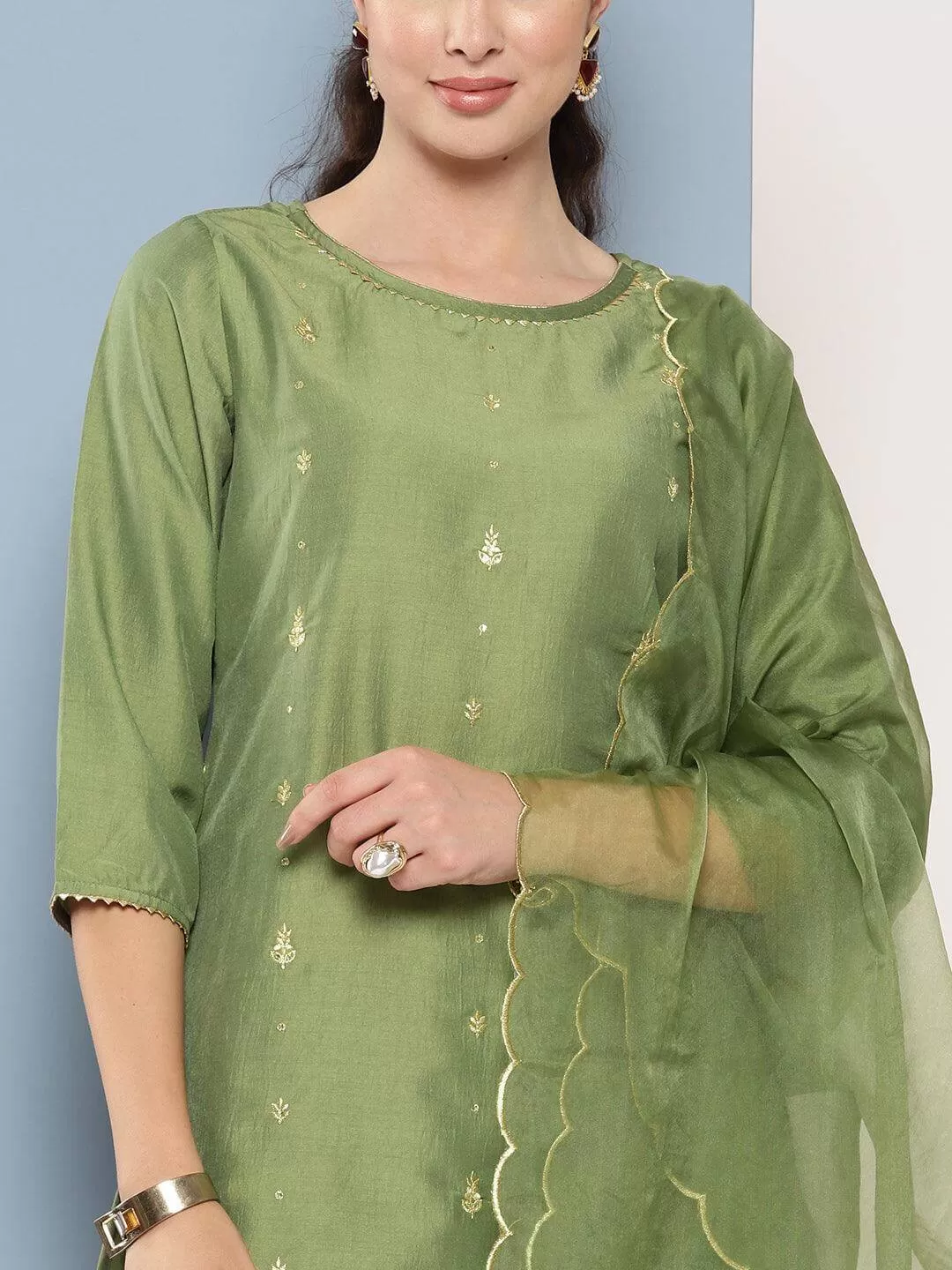 Green Chinon Solid Kurta with Pant and Dupatta