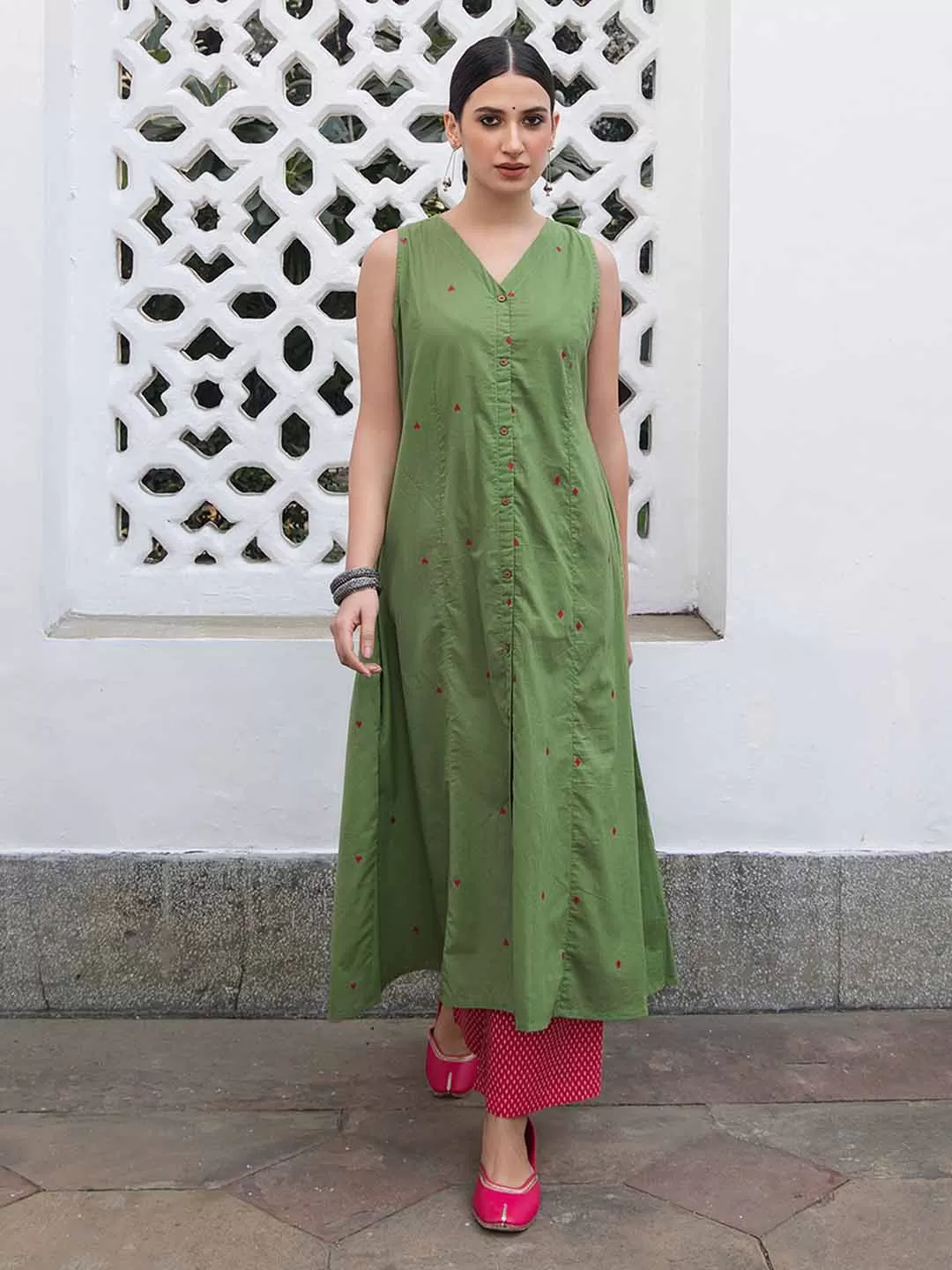 Green Cotton Geometric A-Line Kurta Set