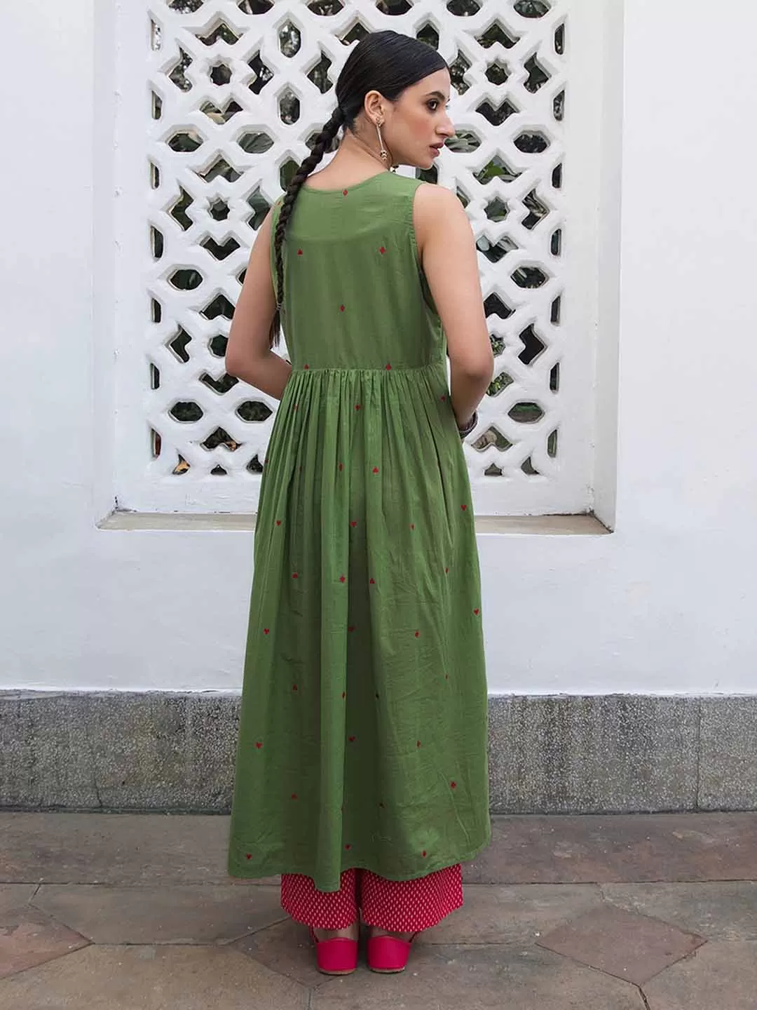 Green Cotton Geometric A-Line Kurta Set