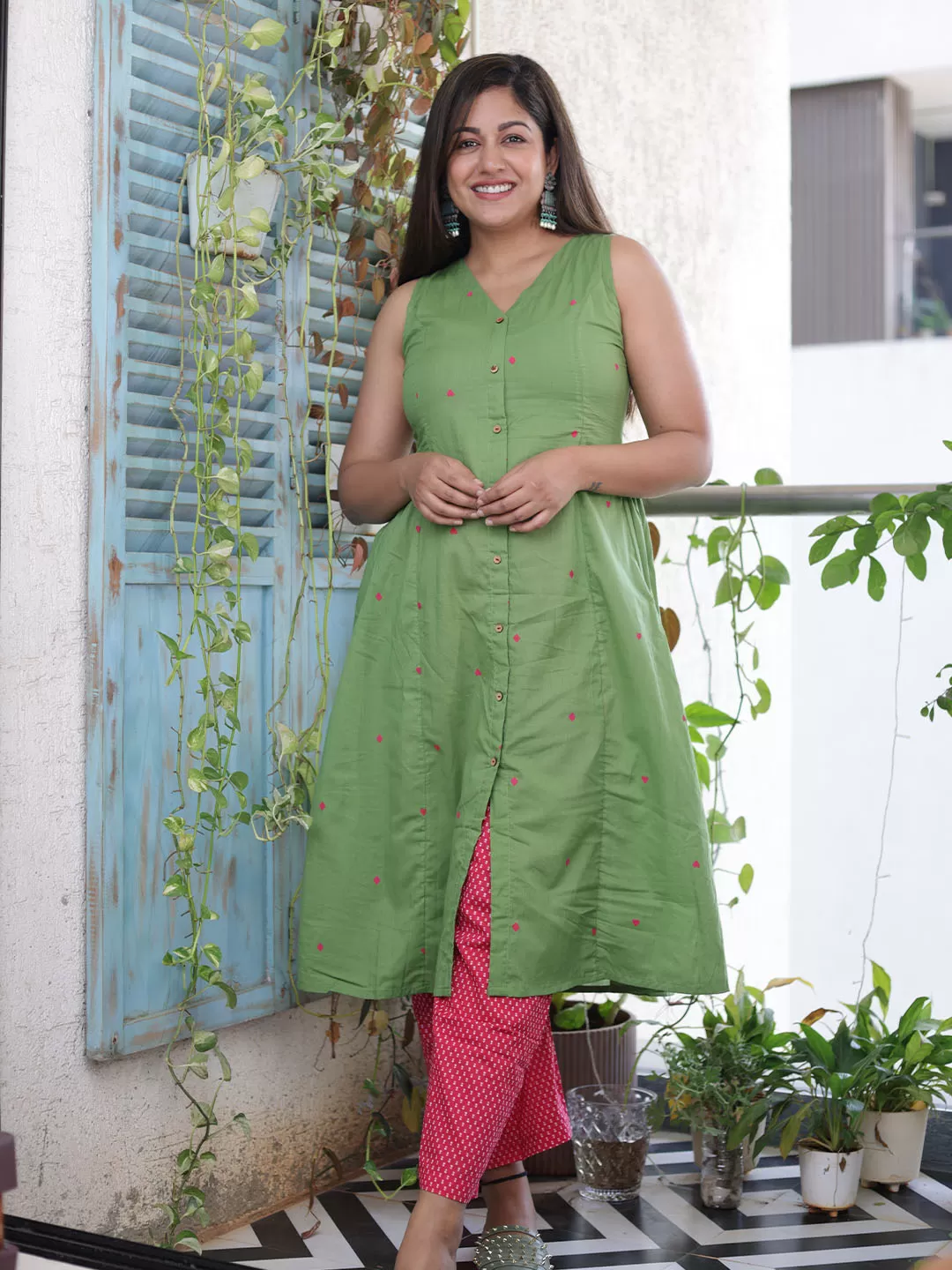 Green Cotton Geometric A-Line Kurta Set