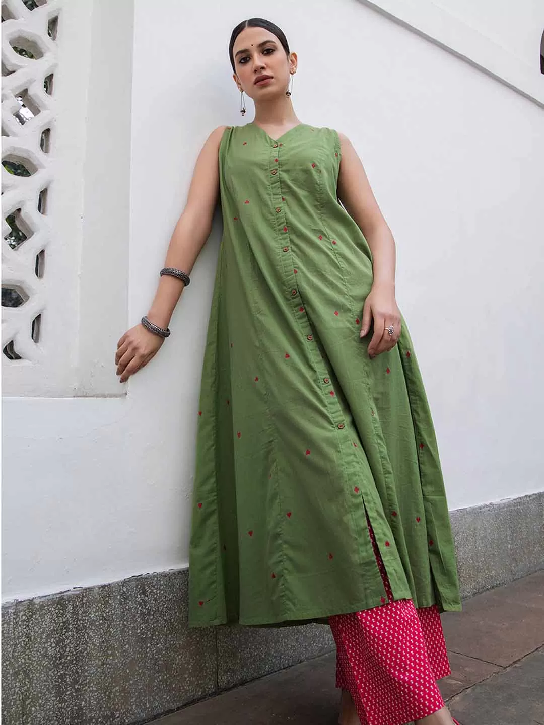 Green Cotton Geometric A-Line Kurta Set