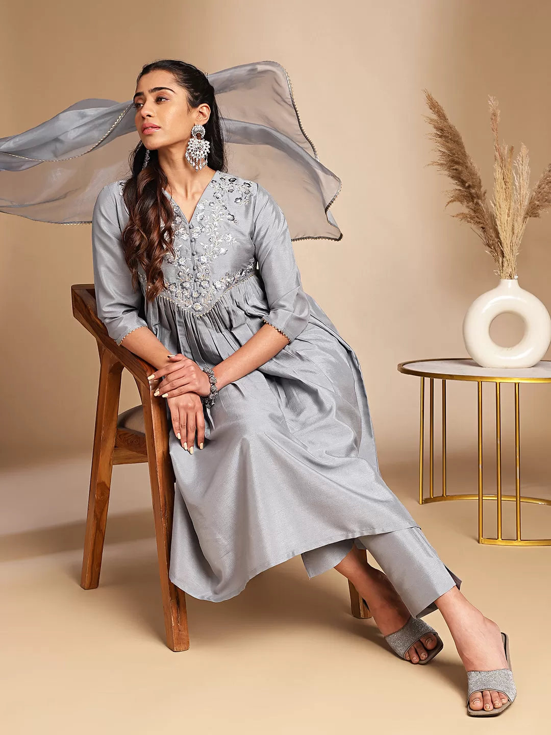 Grey Crepe Silk Yoke Embroidered Kurta Pant Set