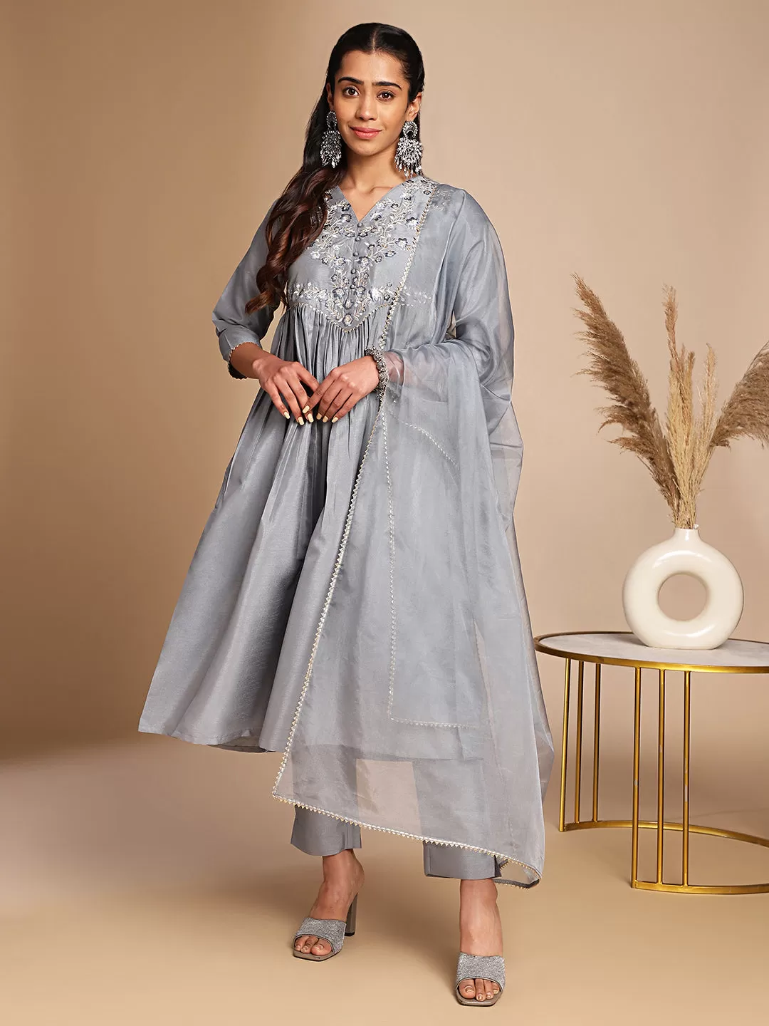 Grey Crepe Silk Yoke Embroidered Kurta Pant Set