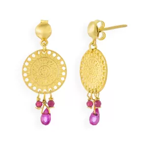 Handmade Gold Plated Silver Dangle Earrings Coins With Rubies