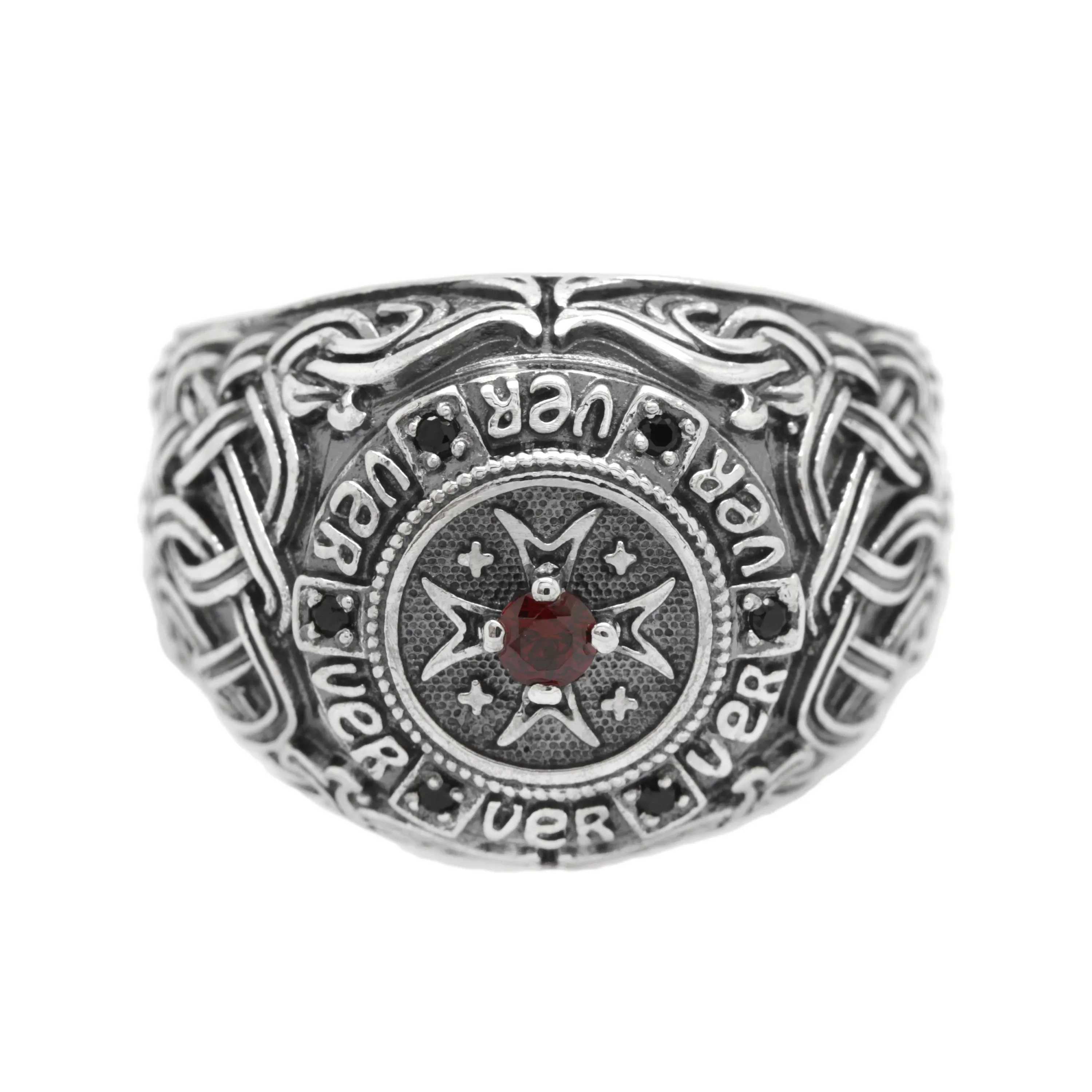 Hospitaleier Knight's Cross Men Ring Red Garnet and Black Zircons