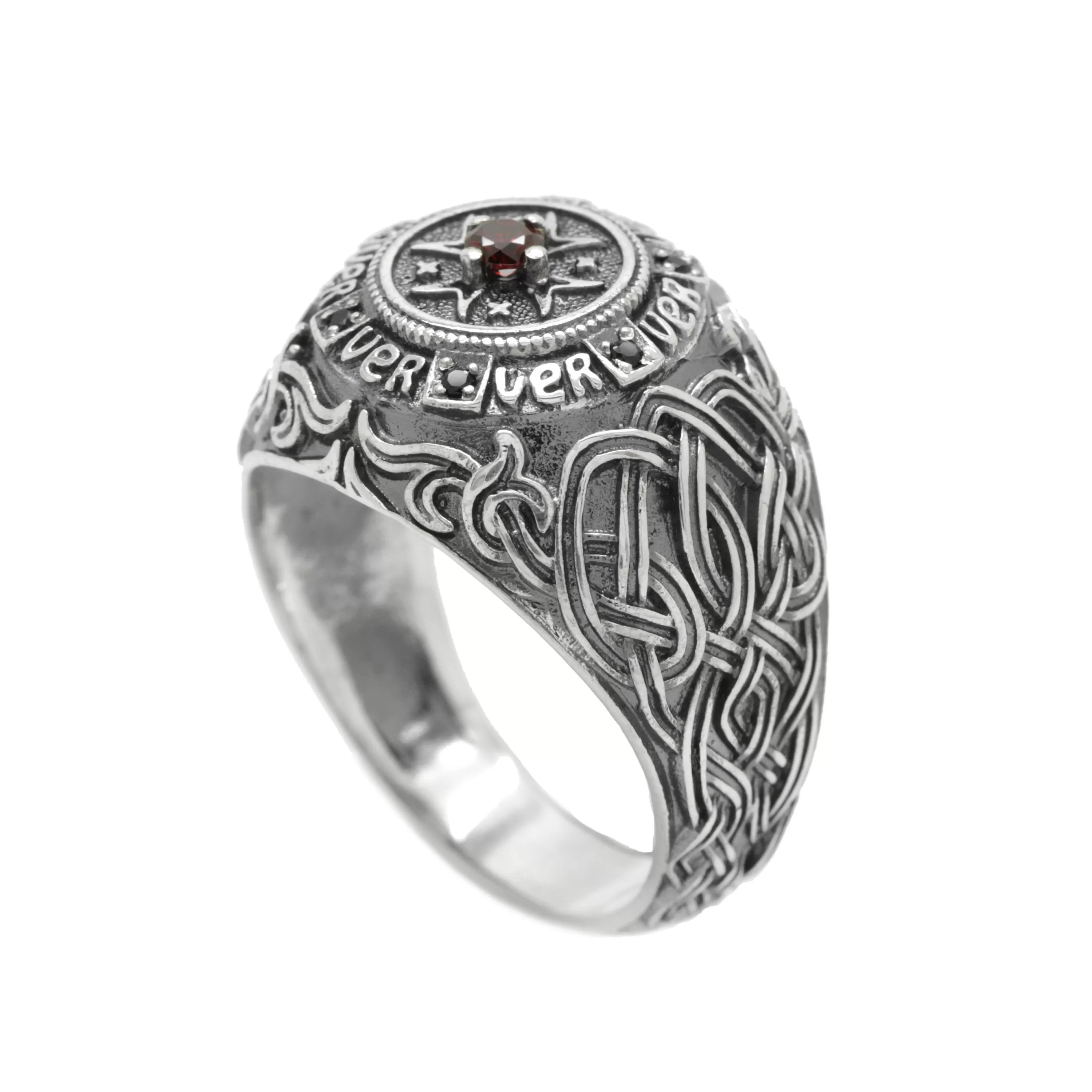 Hospitaleier Knight's Cross Men Ring Red Garnet and Black Zircons