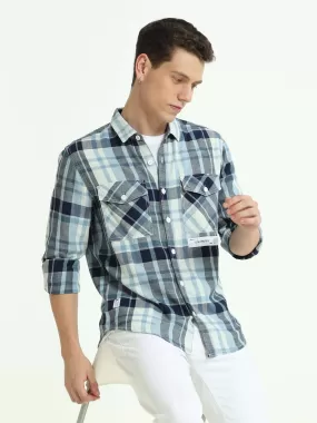 Indigo check double pocket shirt