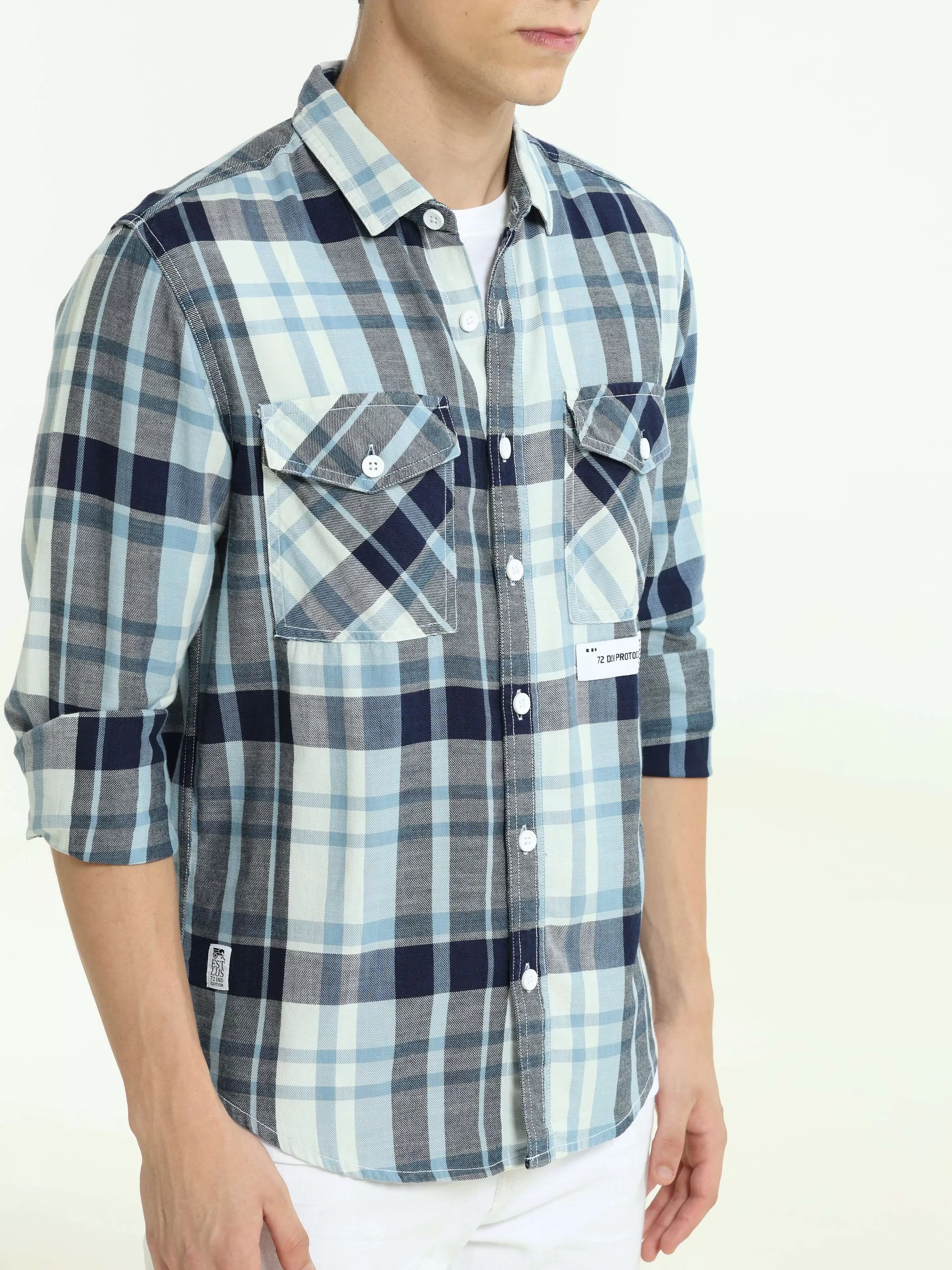 Indigo check double pocket shirt