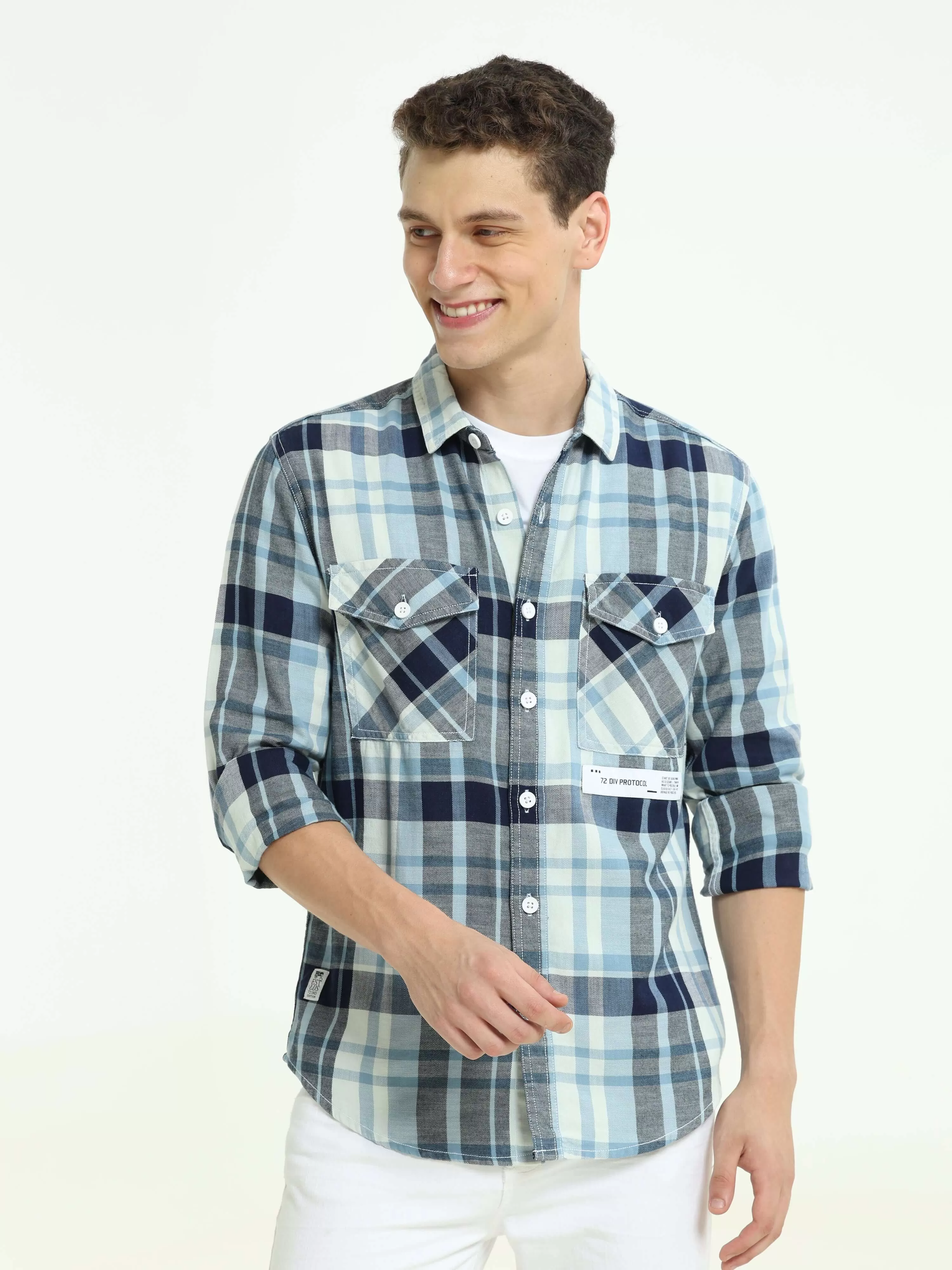 Indigo check double pocket shirt