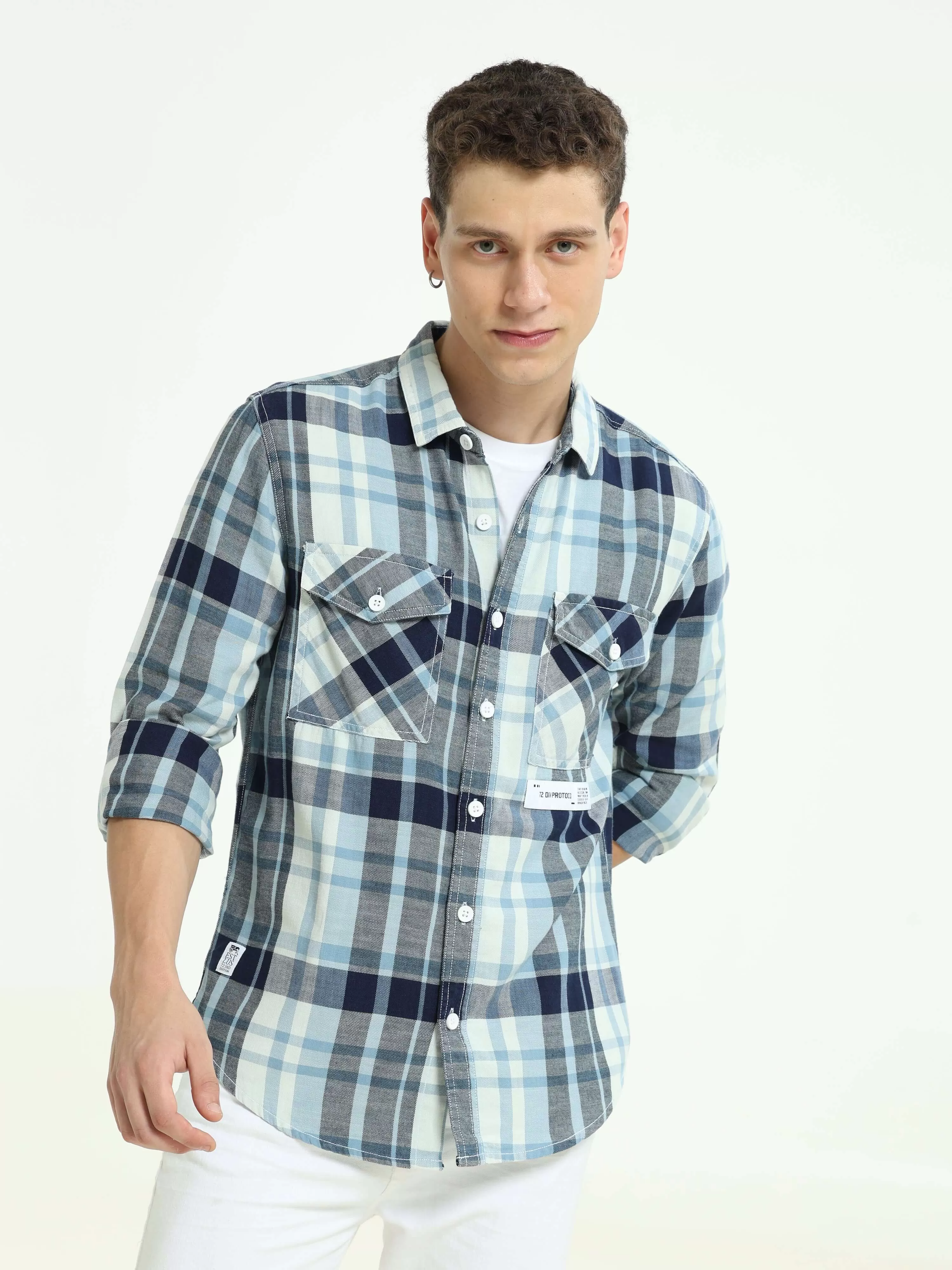 Indigo check double pocket shirt