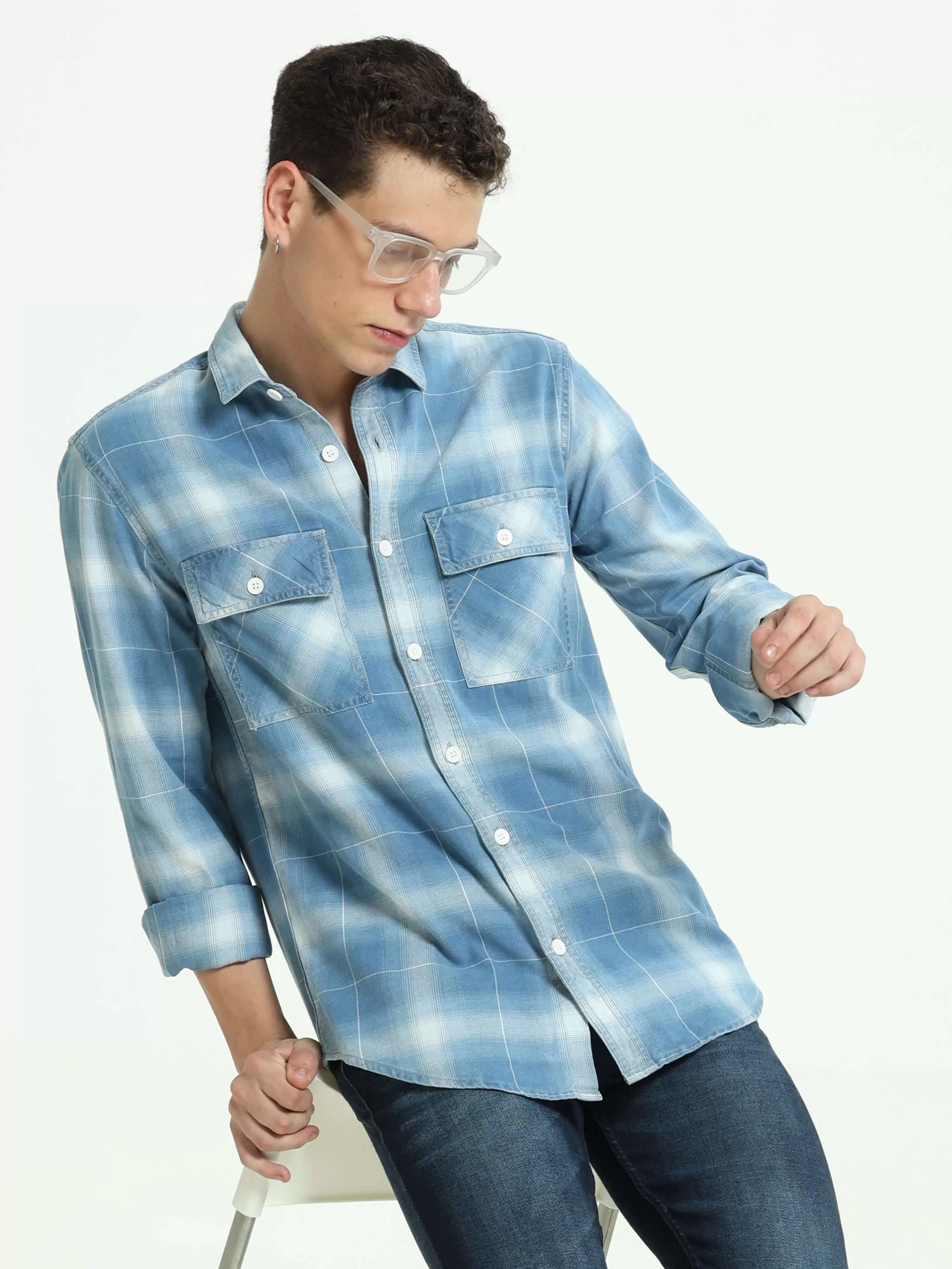 Indigo colored check double pocket shirt