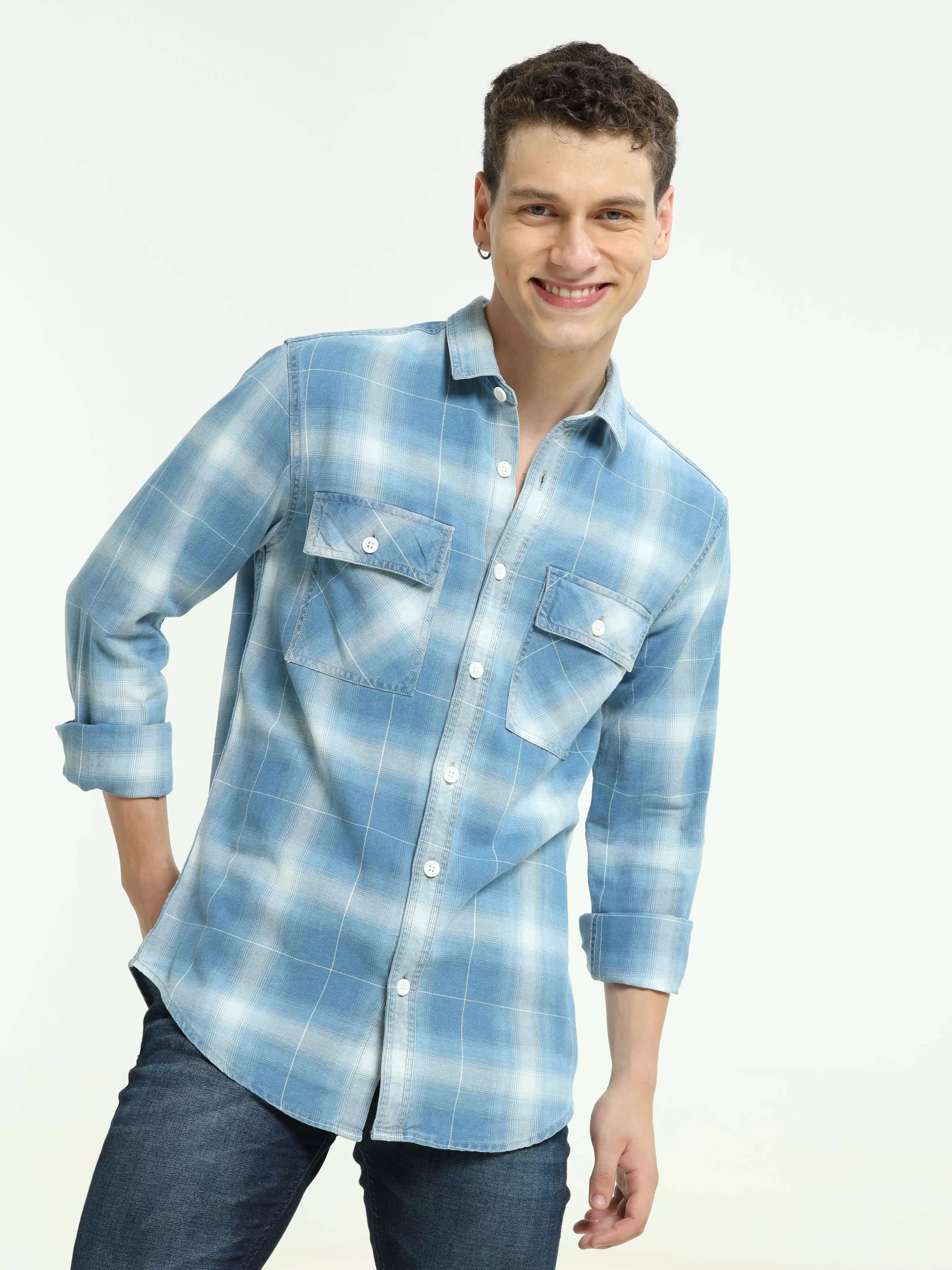 Indigo colored check double pocket shirt