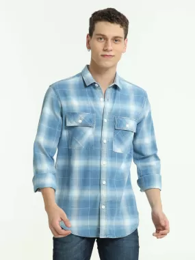 Indigo colored check double pocket shirt