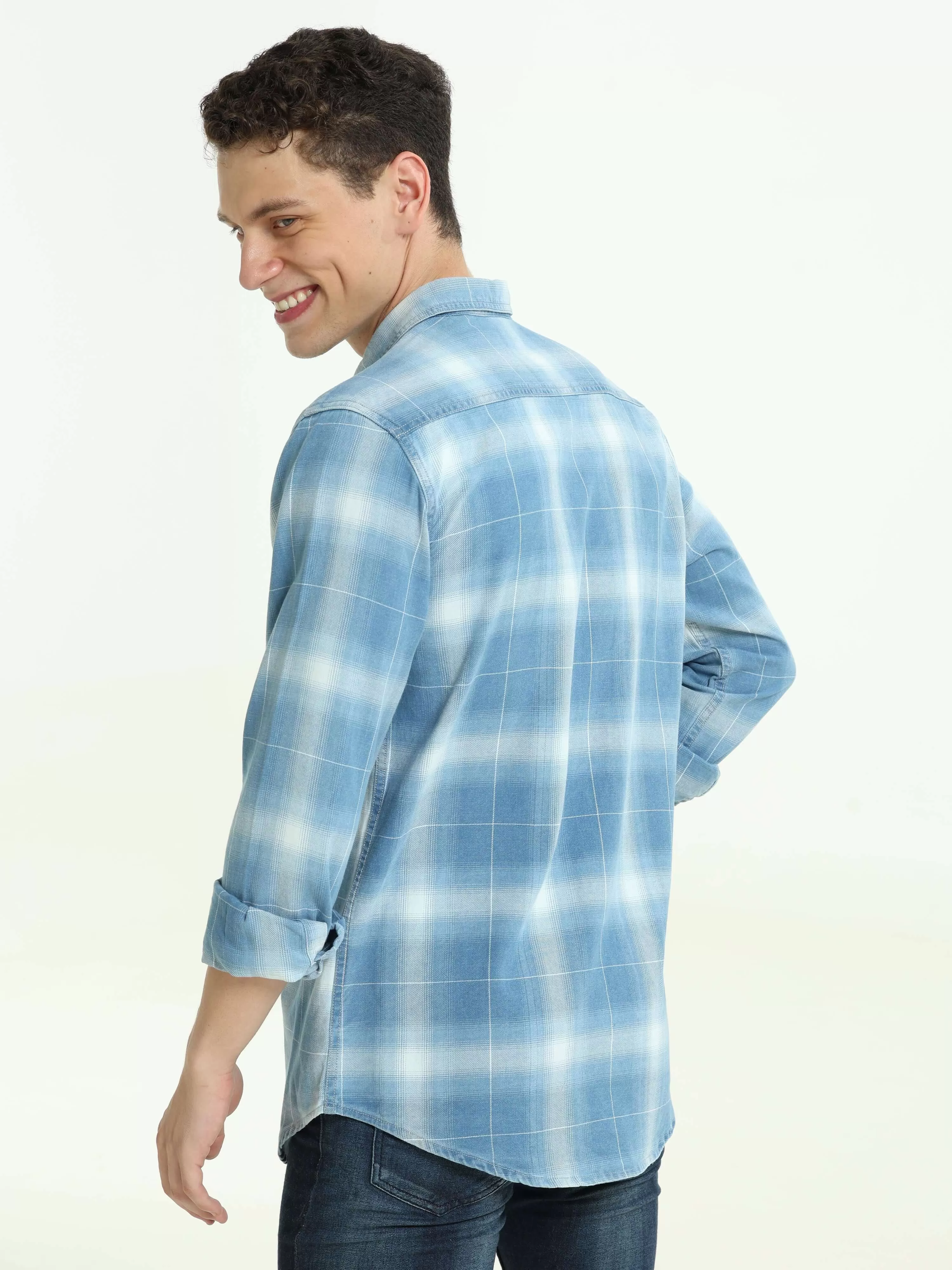 Indigo colored check double pocket shirt