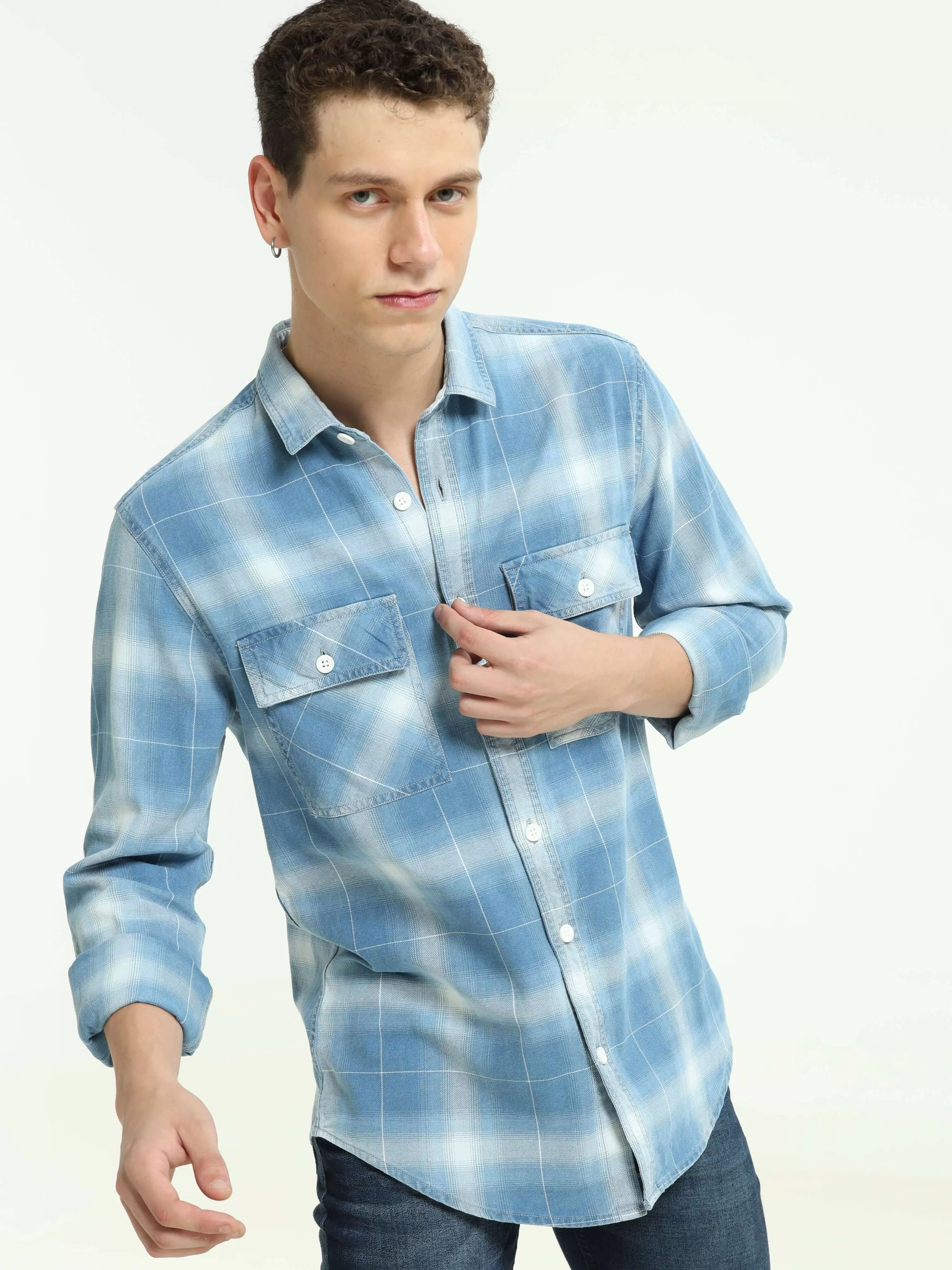 Indigo colored check double pocket shirt