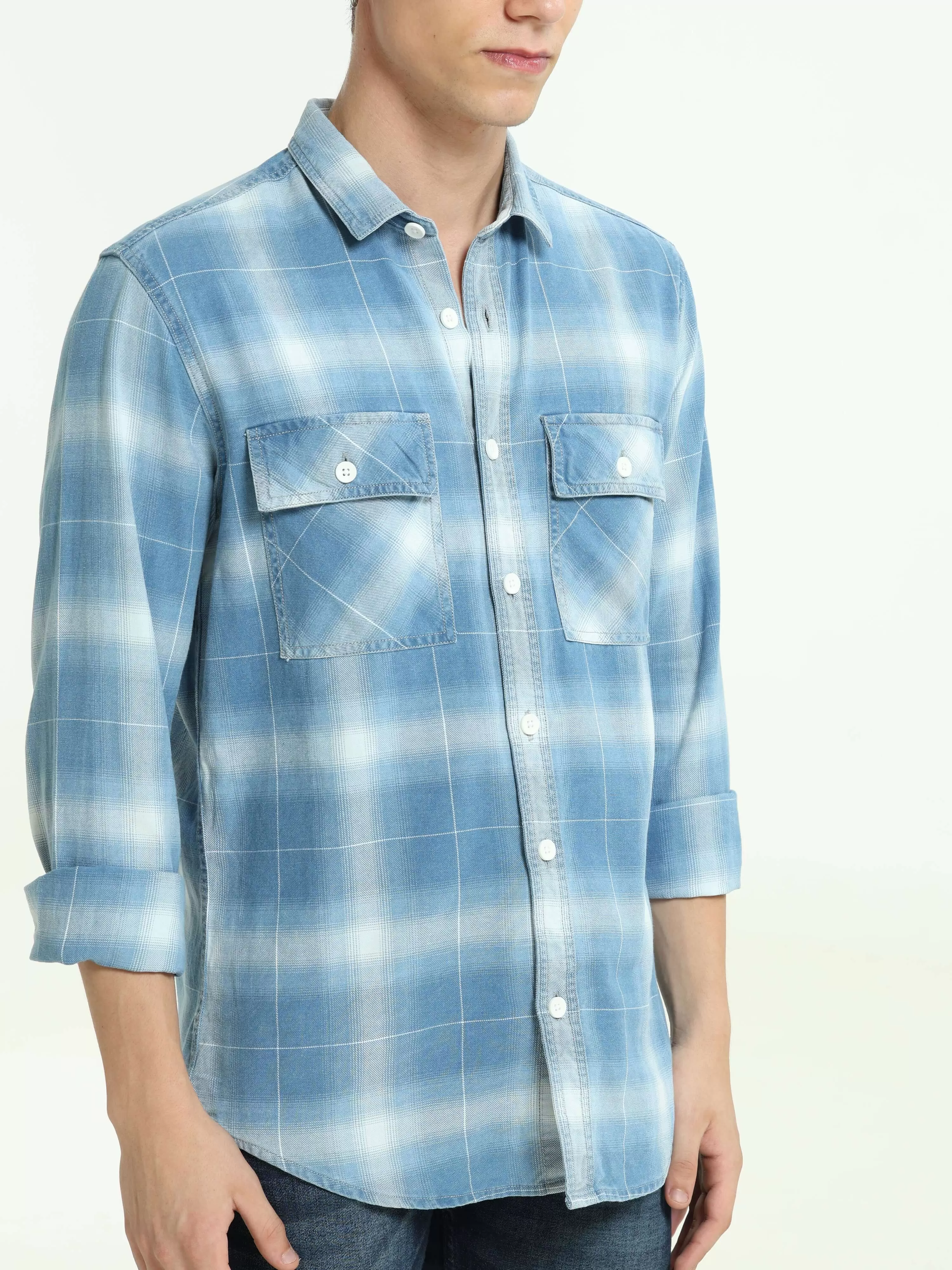 Indigo colored check double pocket shirt