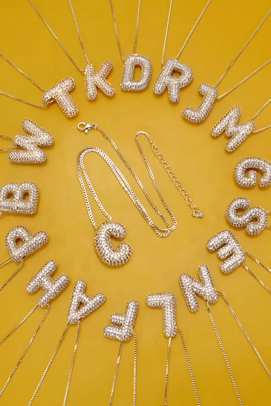 Initial Rhinestone Bubble Letter Necklaces