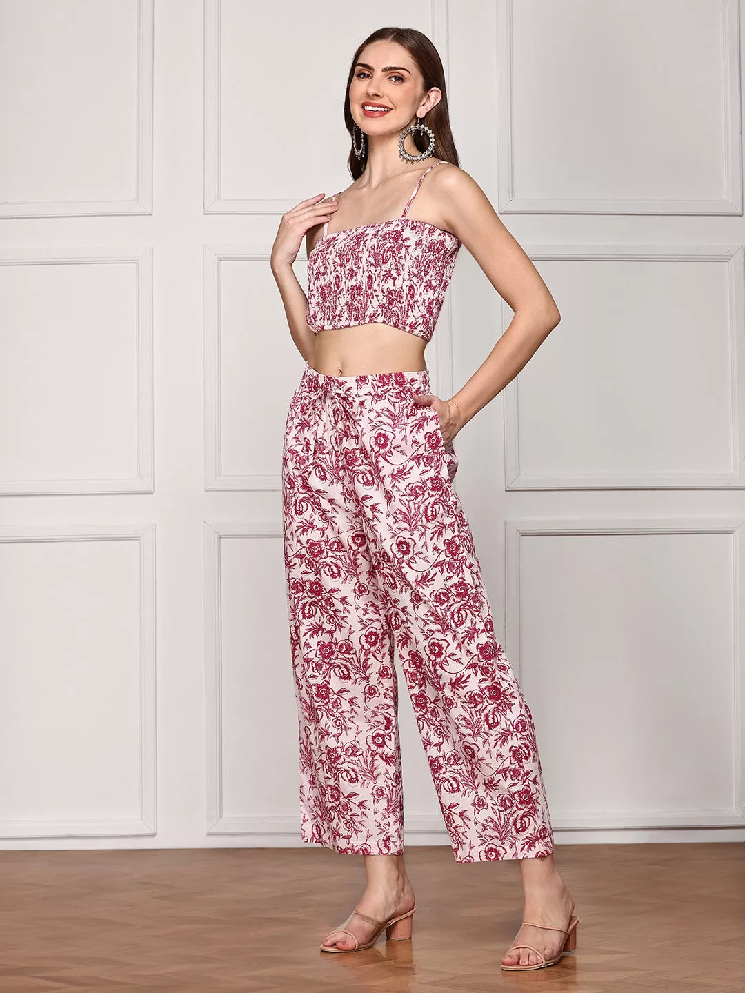 ISHIN Women Floral Printed Pure Cotton Crop Top & Trouser With Jacket Co-Ords Set