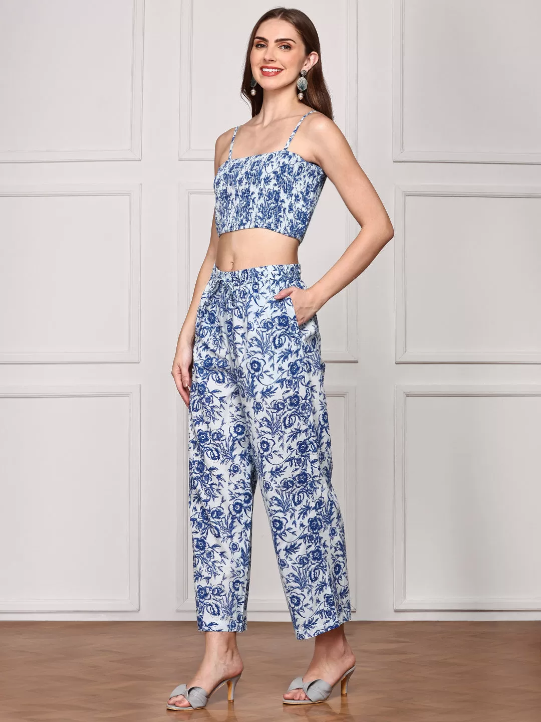 ISHIN Women Floral Printed Pure Cotton Crop Top & Trouser With Jacket Co-Ords