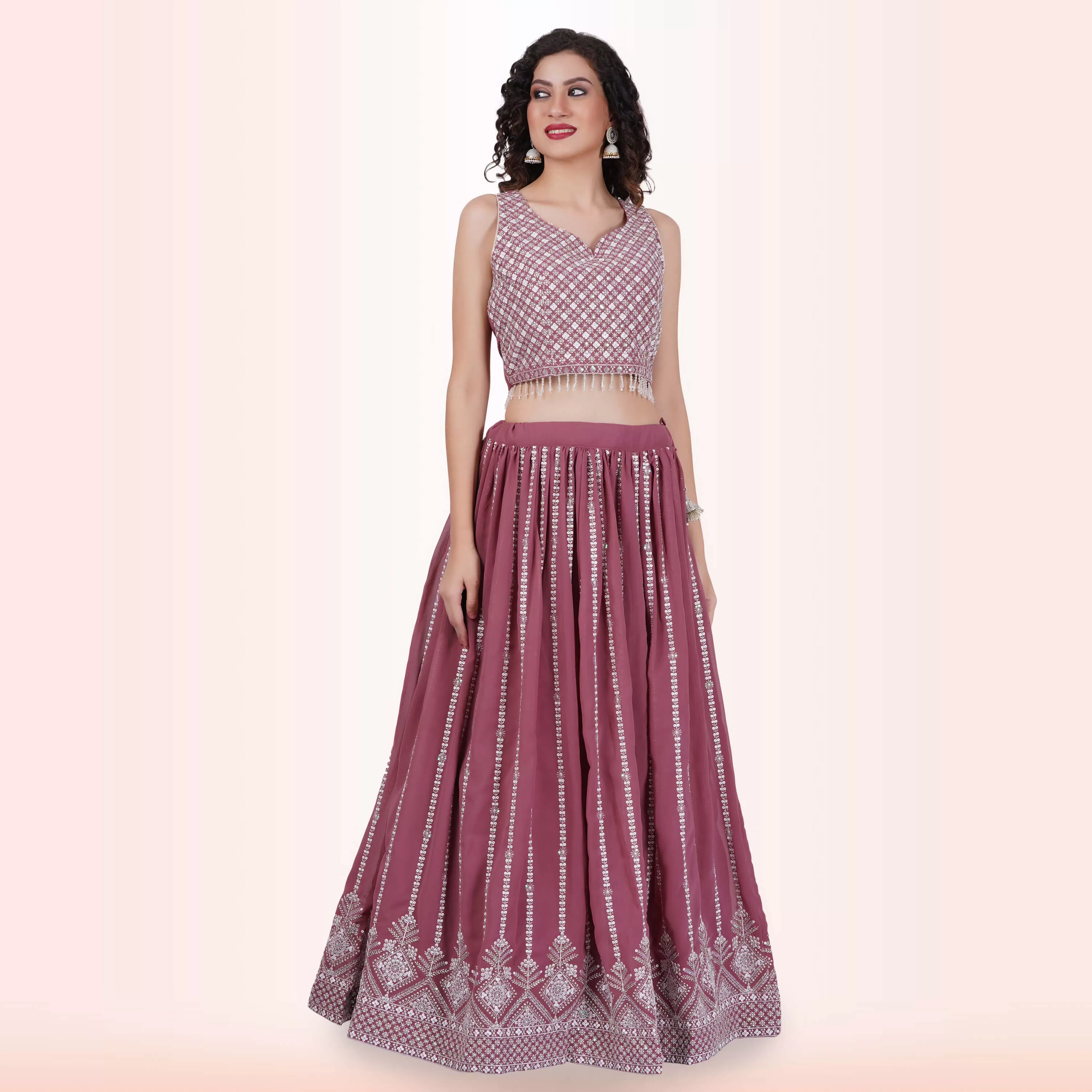 Lehenga Choli With White Sequin - Cannon Pink