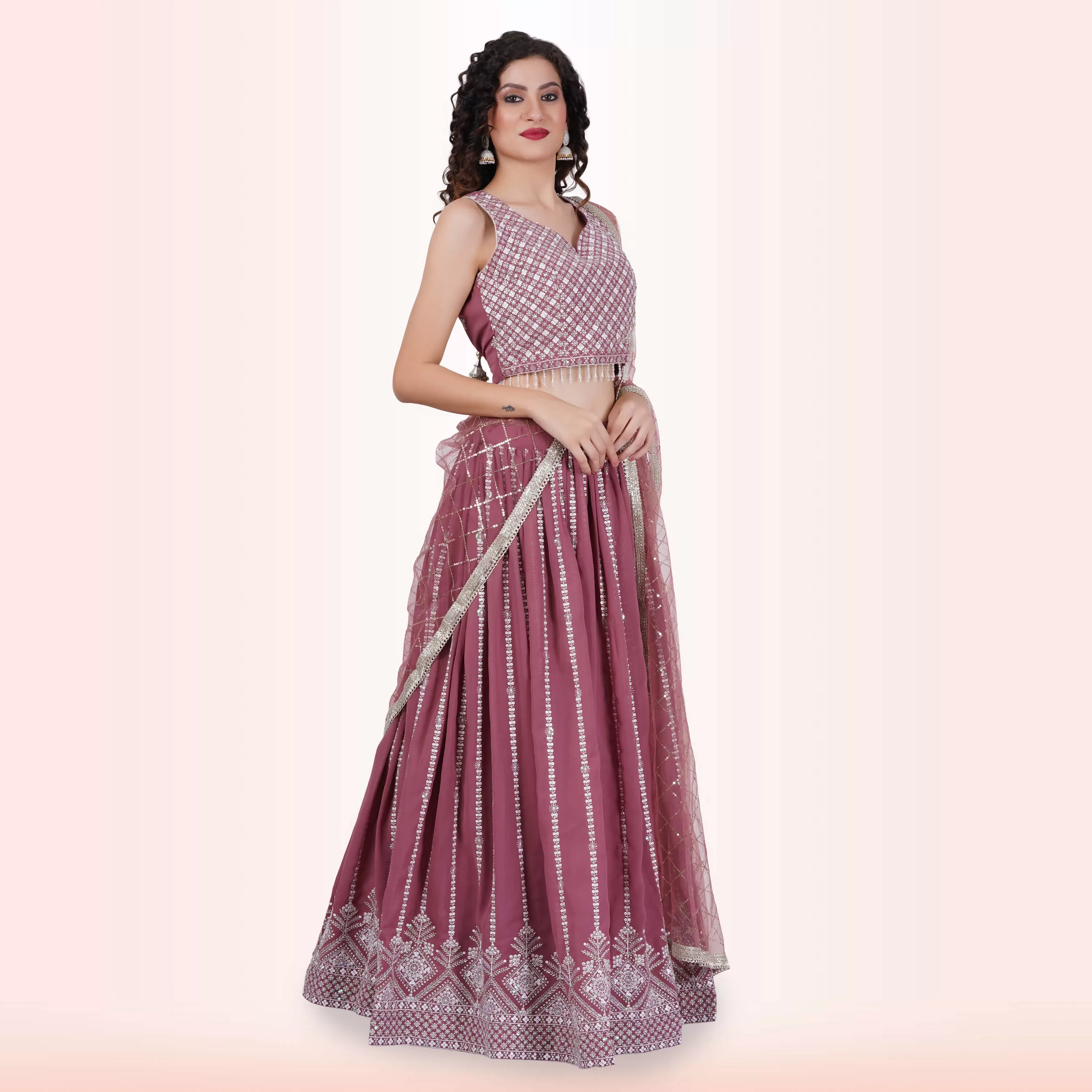 Lehenga Choli With White Sequin - Cannon Pink