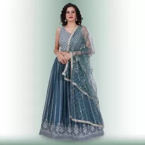 Lehenga Choli With White Sequin - Teal