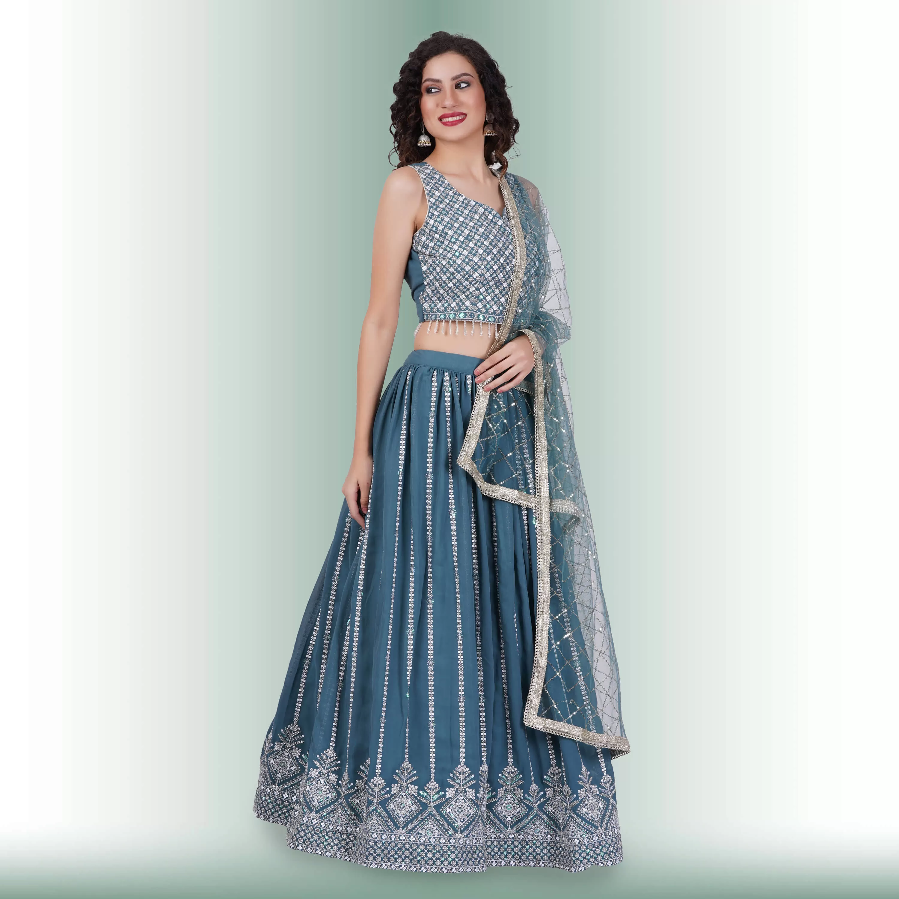 Lehenga Choli With White Sequin - Teal