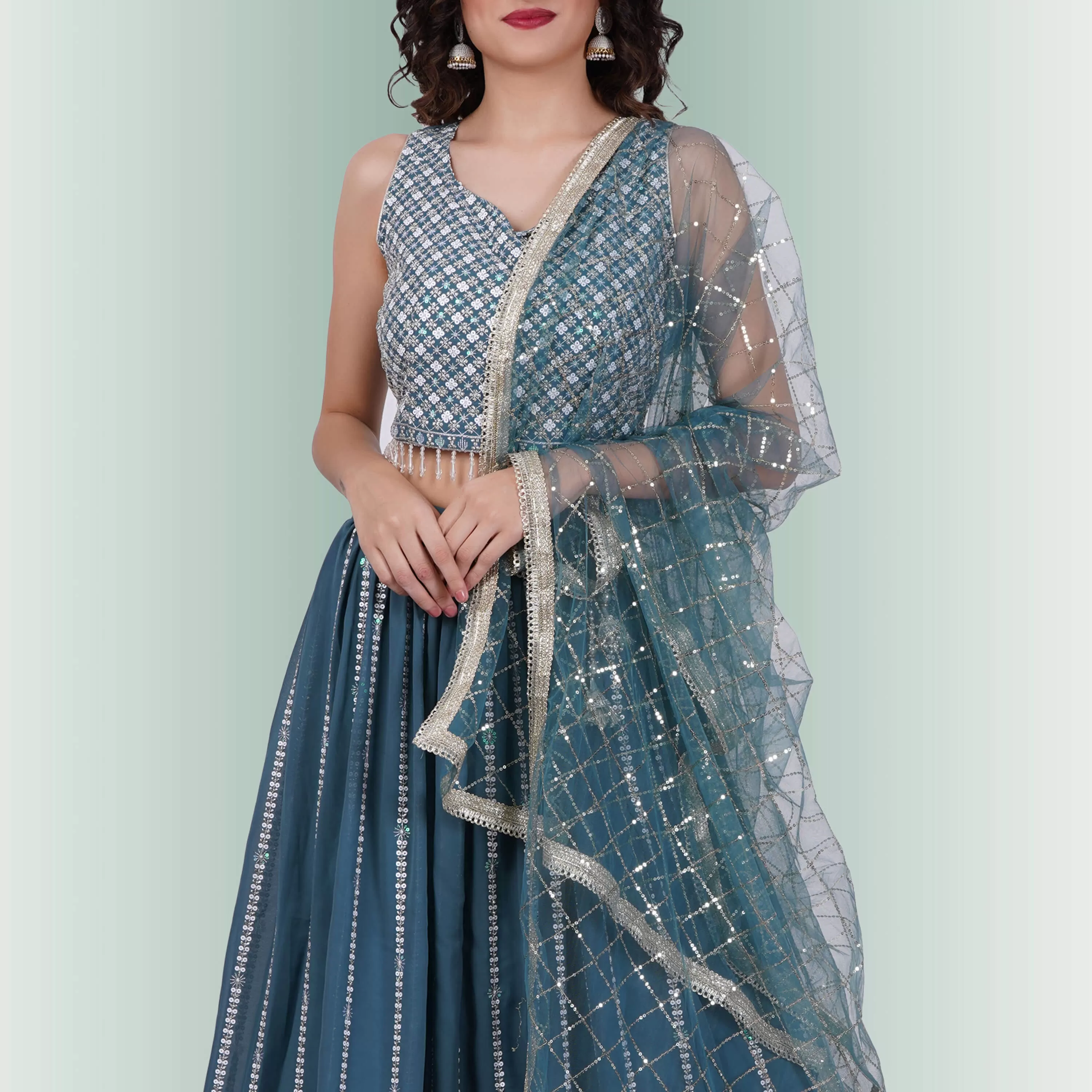 Lehenga Choli With White Sequin - Teal