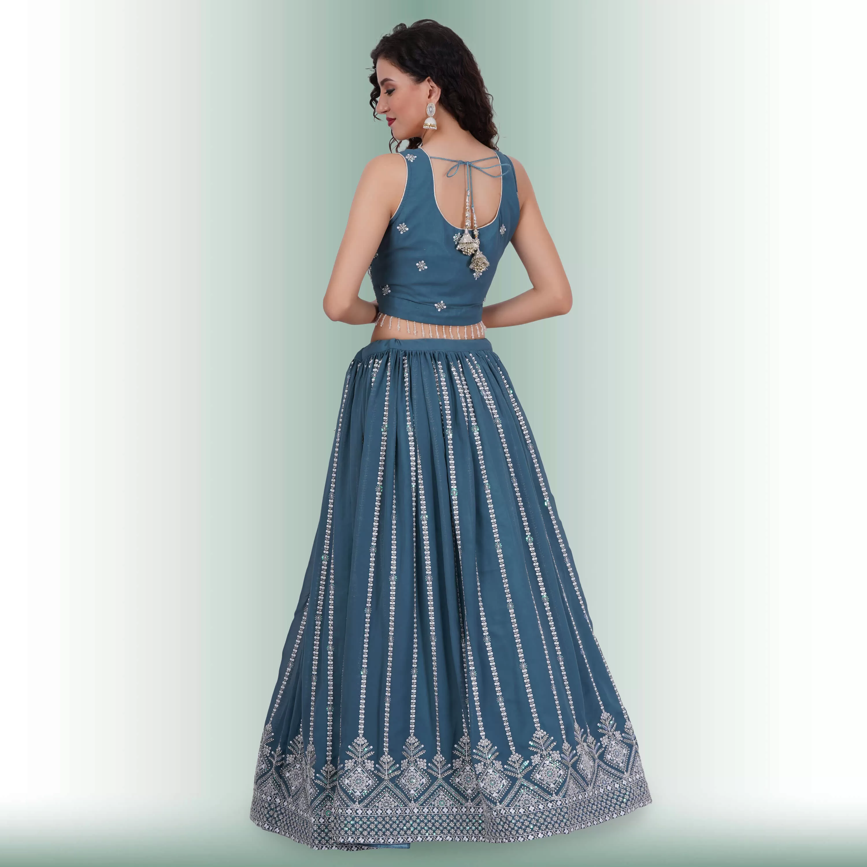 Lehenga Choli With White Sequin - Teal