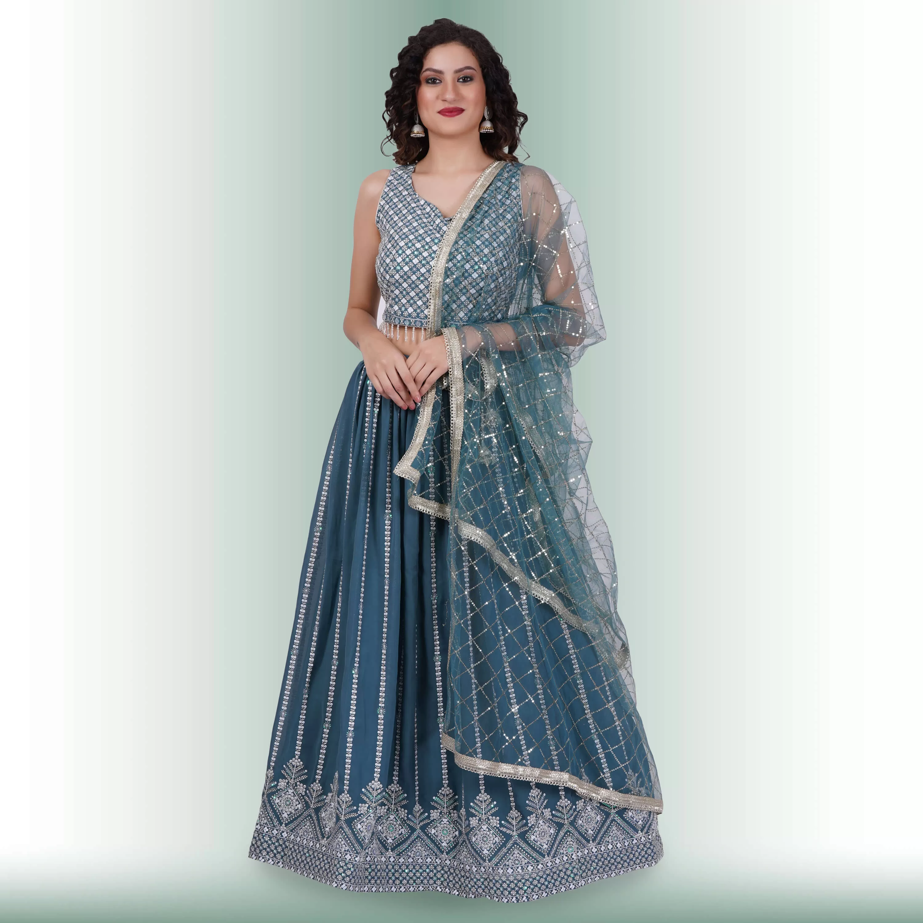 Lehenga Choli With White Sequin - Teal