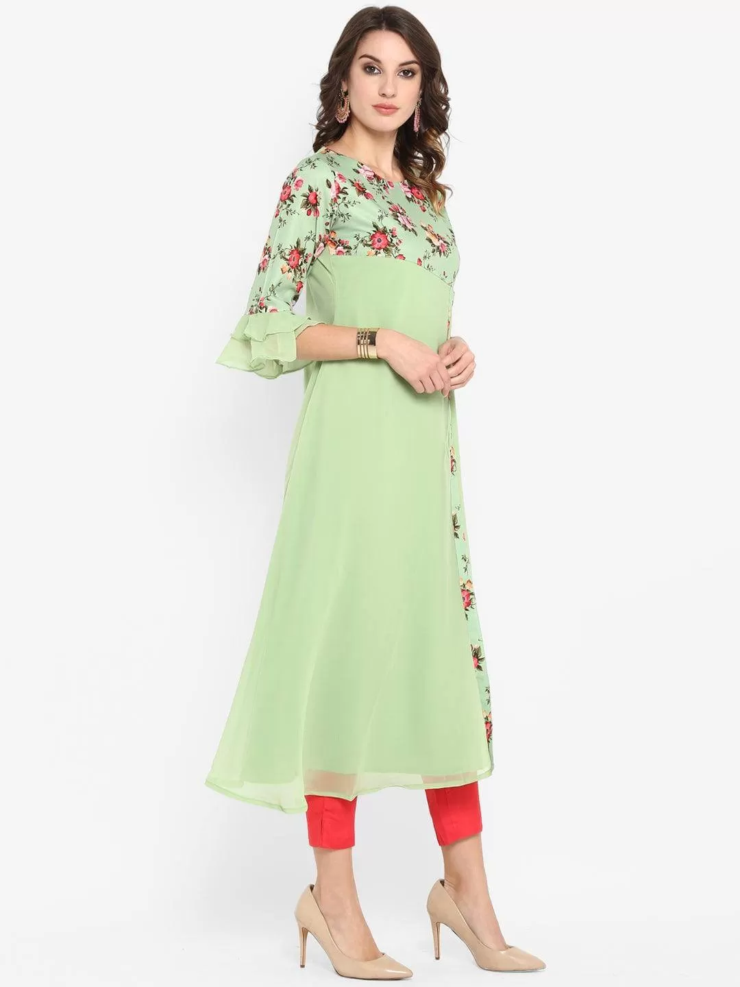 Light Green Poly Crepe Floral Print A-line Kurta