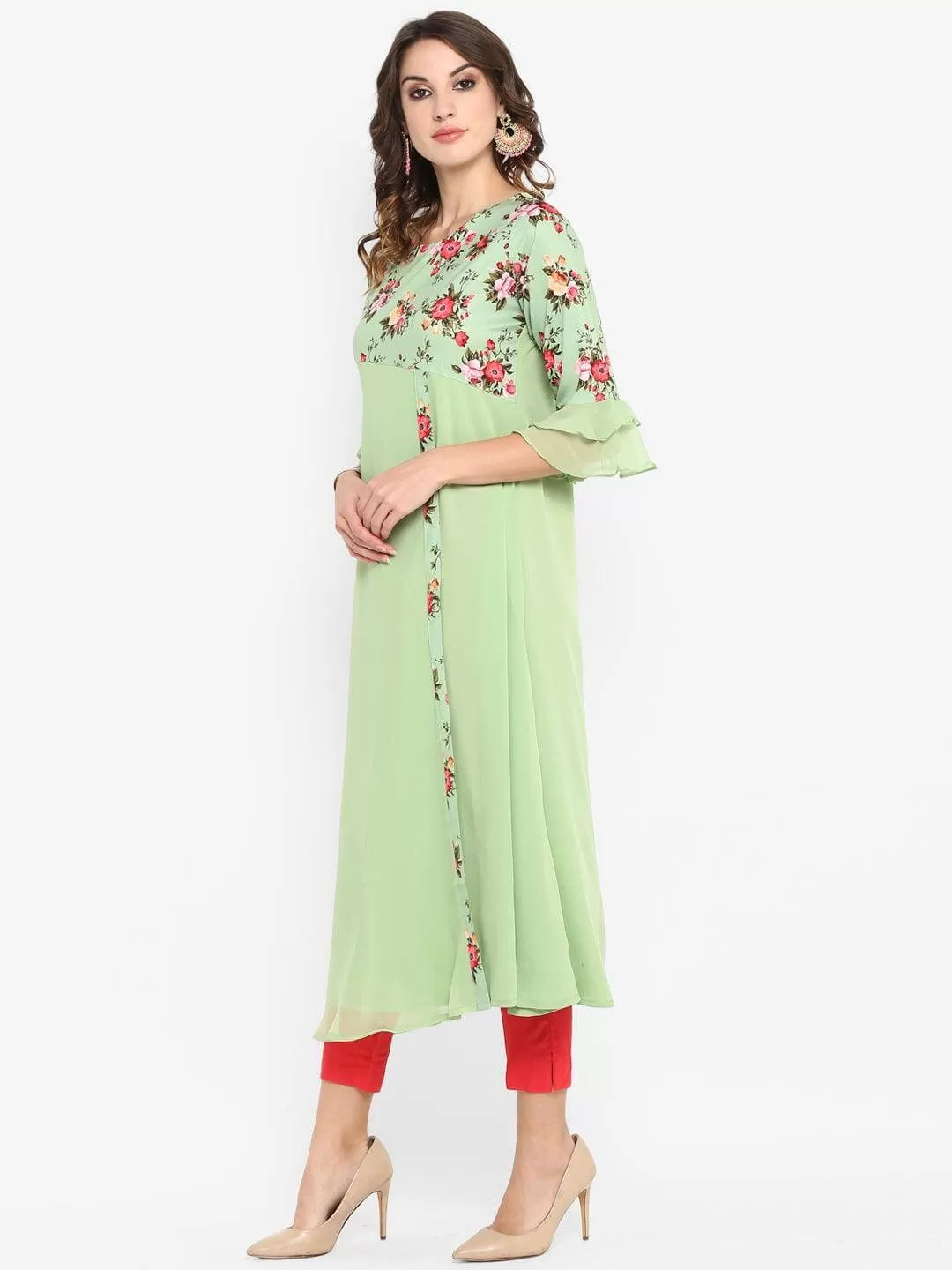 Light Green Poly Crepe Floral Print A-line Kurta