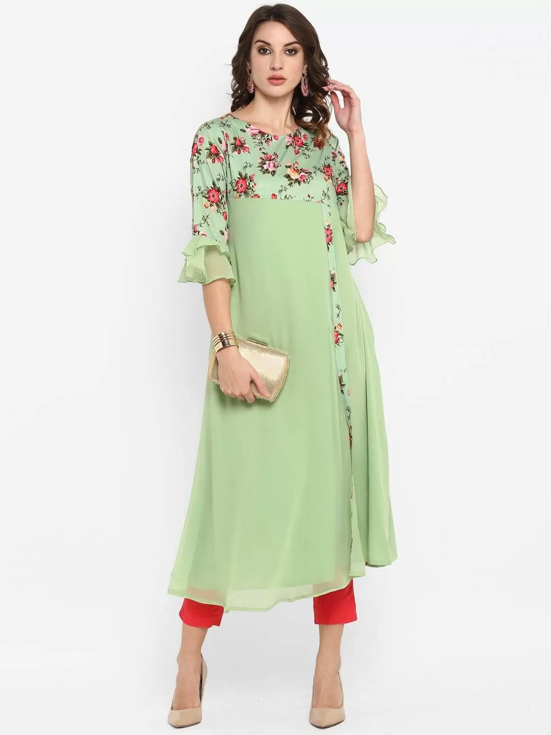 Light Green Poly Crepe Floral Print A-line Kurta