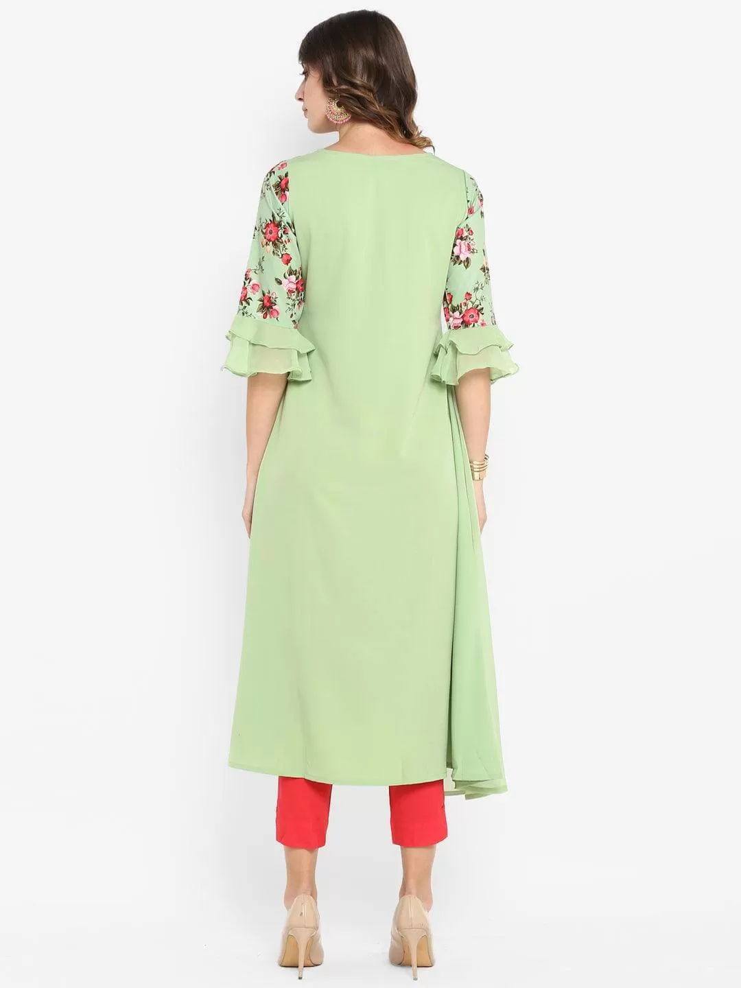 Light Green Poly Crepe Floral Print A-line Kurta