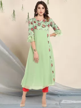 Light Green Poly Crepe Floral Print A-line Kurta