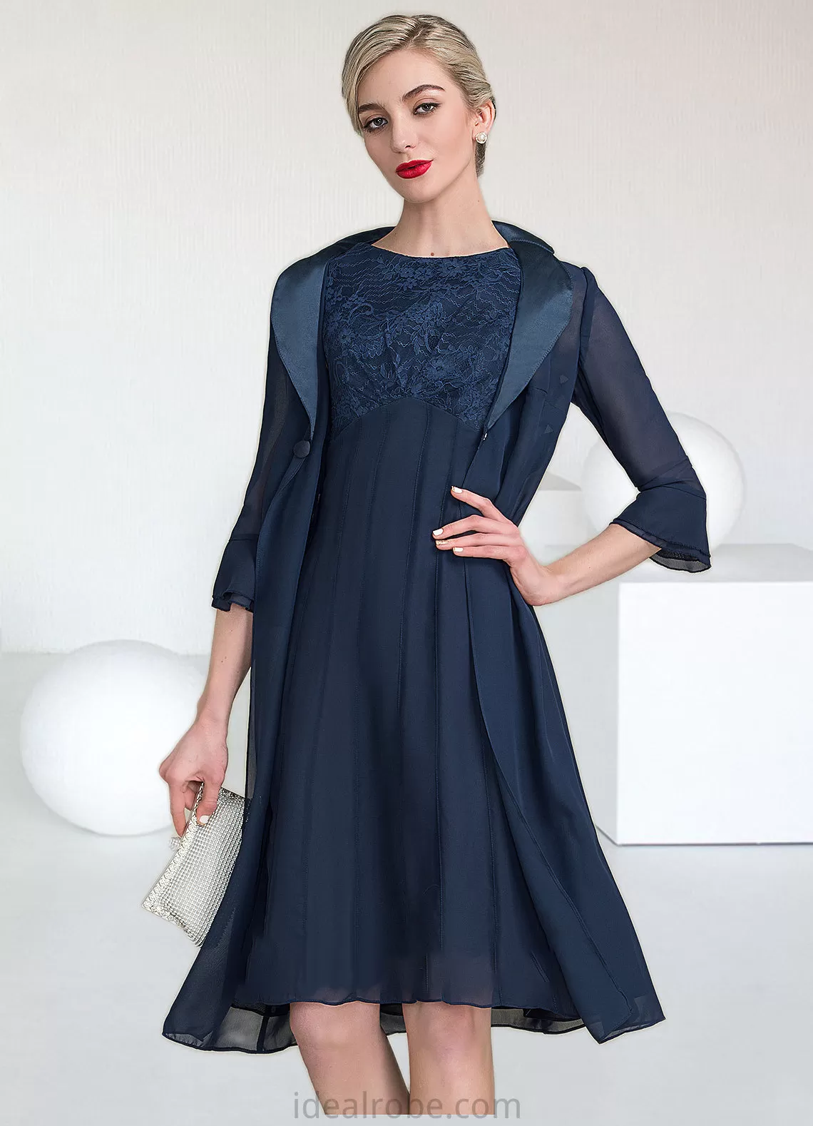 Luna A-Line Scoop Neck Knee-Length Chiffon Lace Mother of the Bride Dress With Ruffle STK126P0014966