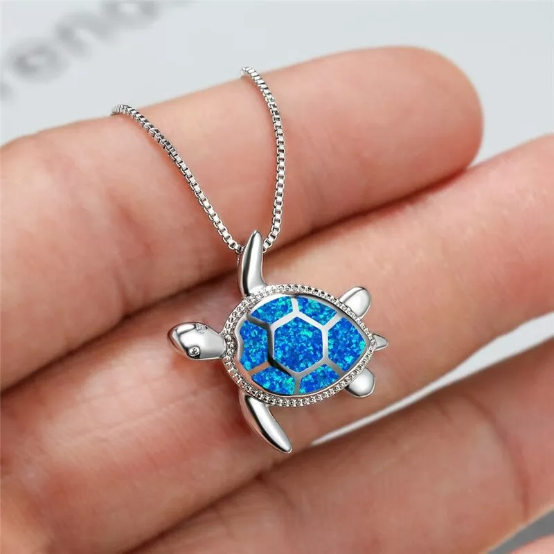 Luxurious Pure S925 Silver Opal Turtle Necklace