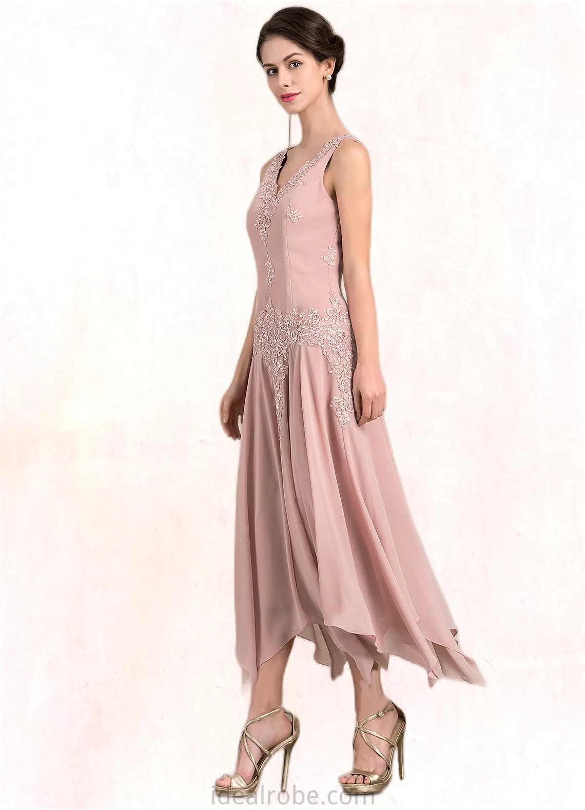 Milagros A-Line V-neck Ankle-Length Chiffon Mother of the Bride Dress With Appliques Lace Sequins STK126P0014855