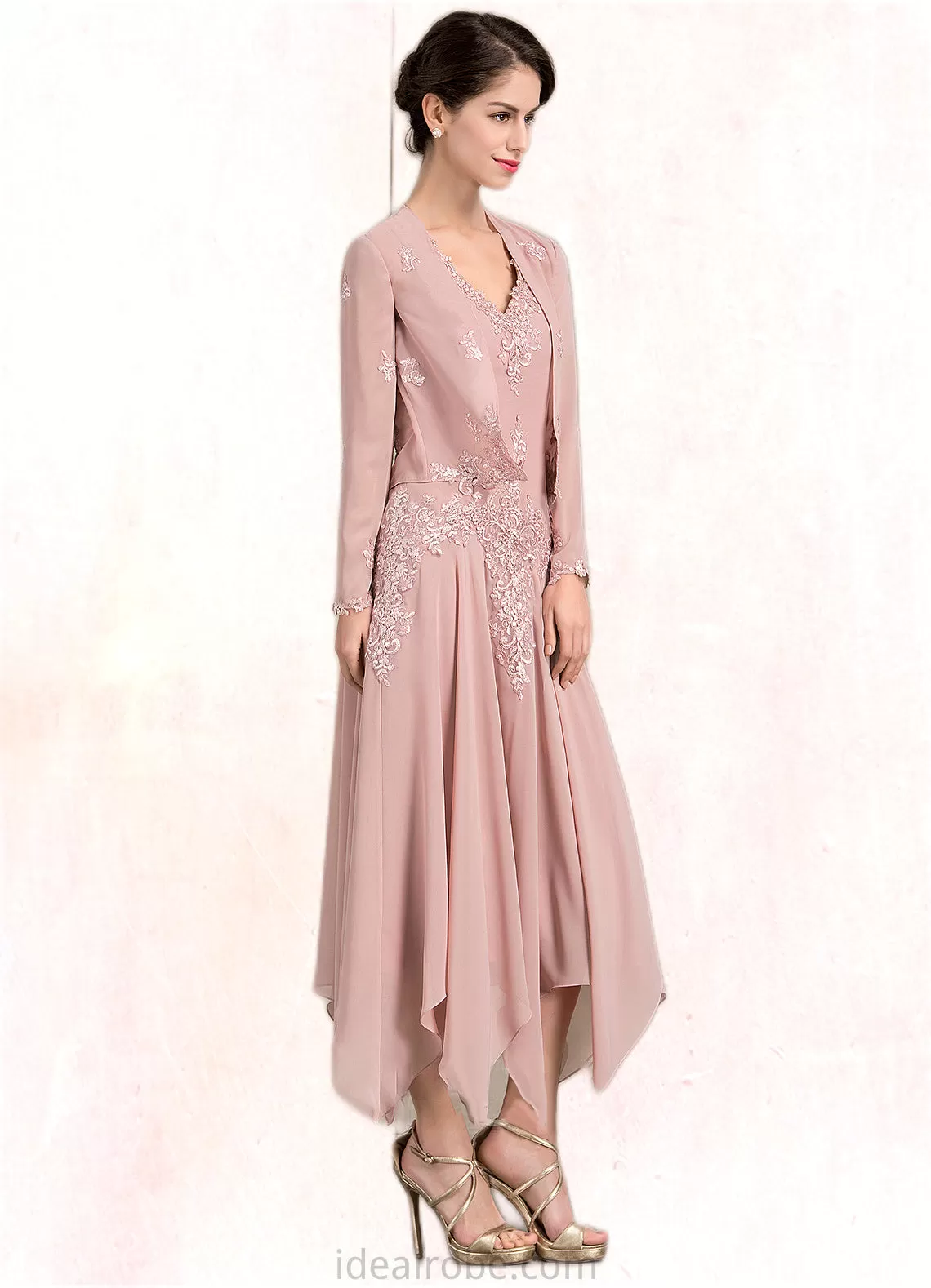 Milagros A-Line V-neck Ankle-Length Chiffon Mother of the Bride Dress With Appliques Lace Sequins STK126P0014855