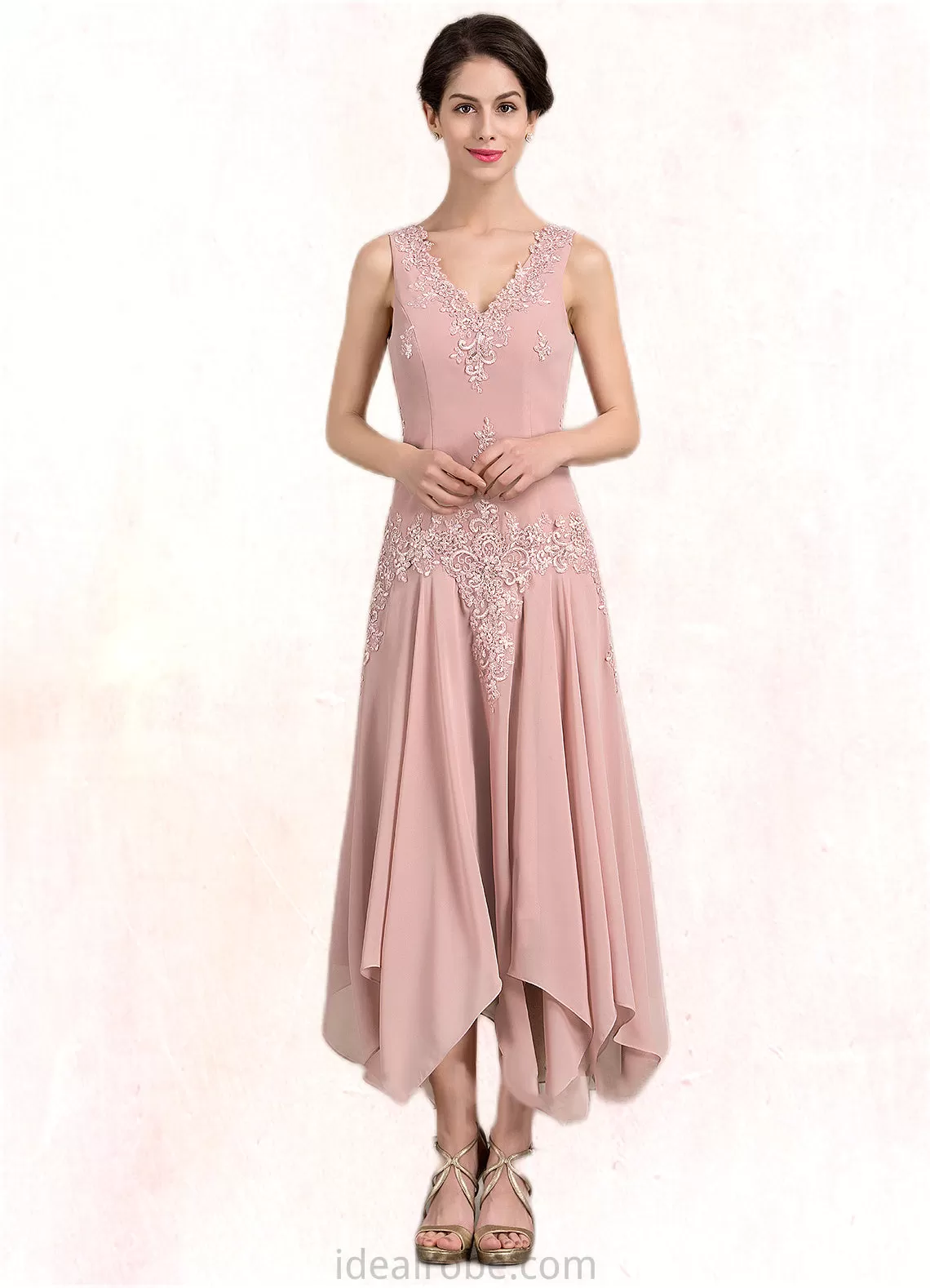 Milagros A-Line V-neck Ankle-Length Chiffon Mother of the Bride Dress With Appliques Lace Sequins STK126P0014855