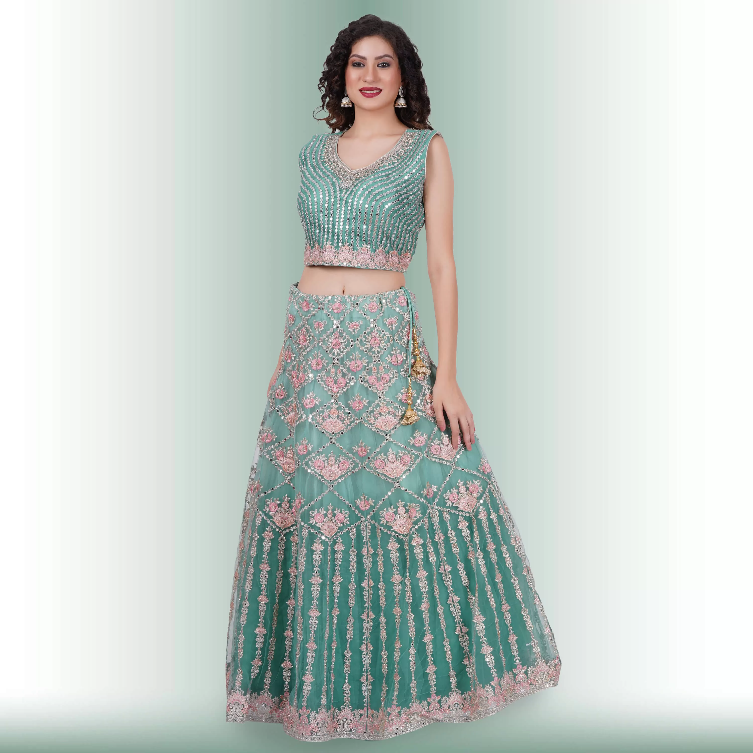 Mirror Work lehenga in Ombre Blue