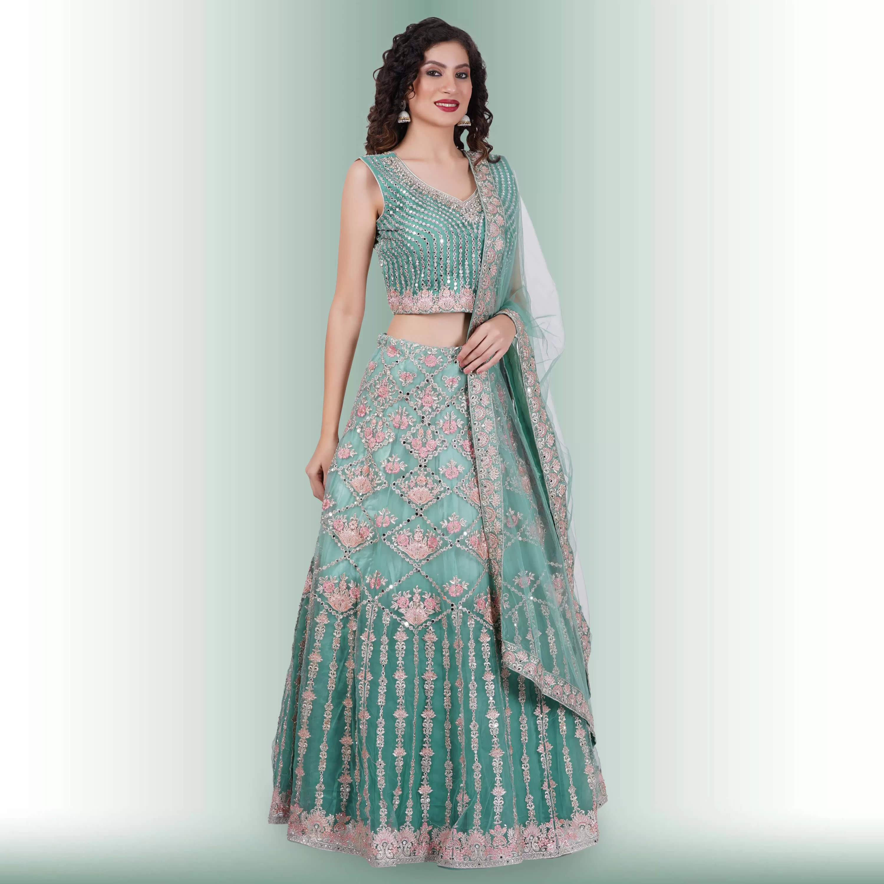 Mirror Work lehenga in Ombre Blue