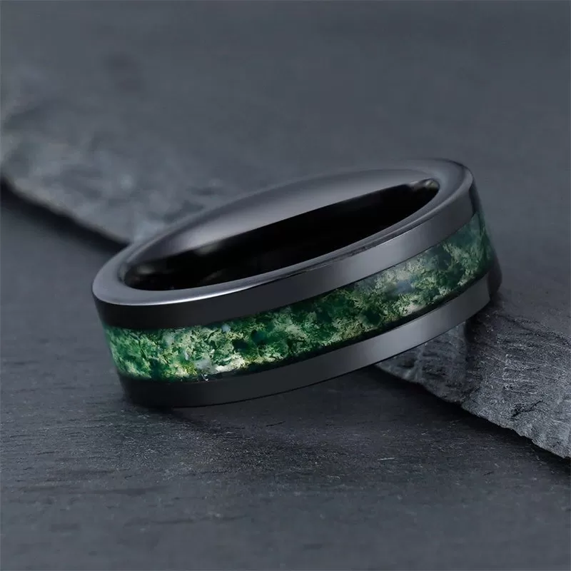 Moss Agate Ring 925 Sterling Silver Custom Engraving Text Men's Wedding Rings Promise Ring Gift for Engagement/Wedding