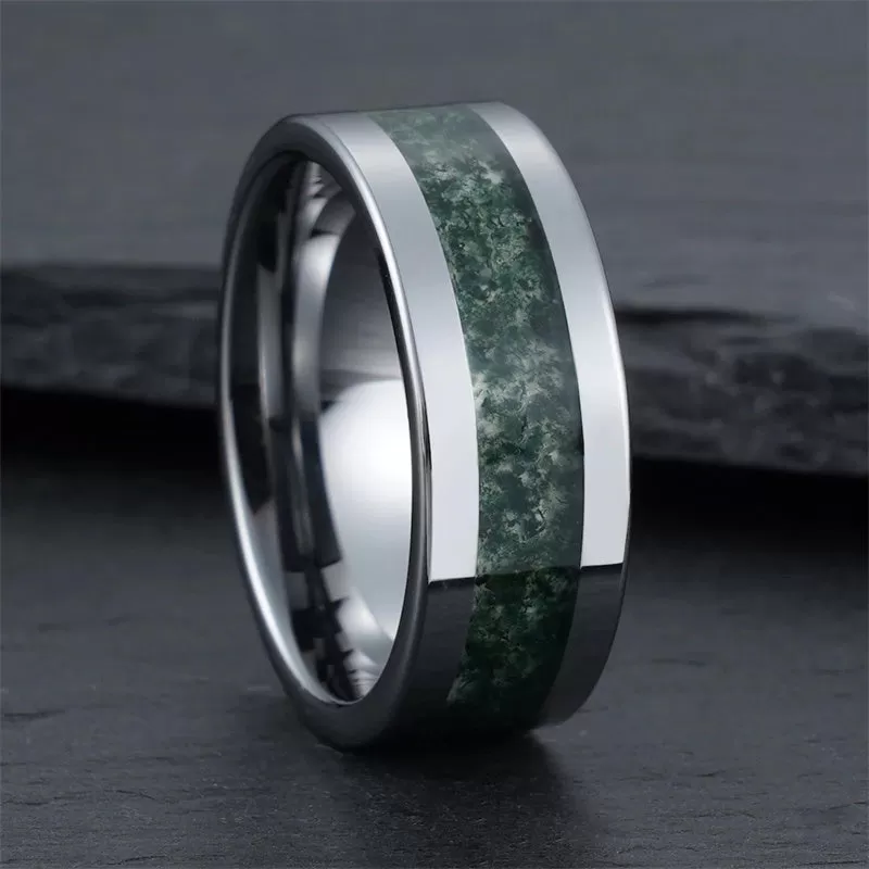 Moss Agate Ring 925 Sterling Silver Custom Engraving Text Men's Wedding Rings Promise Ring Gift for Engagement/Wedding