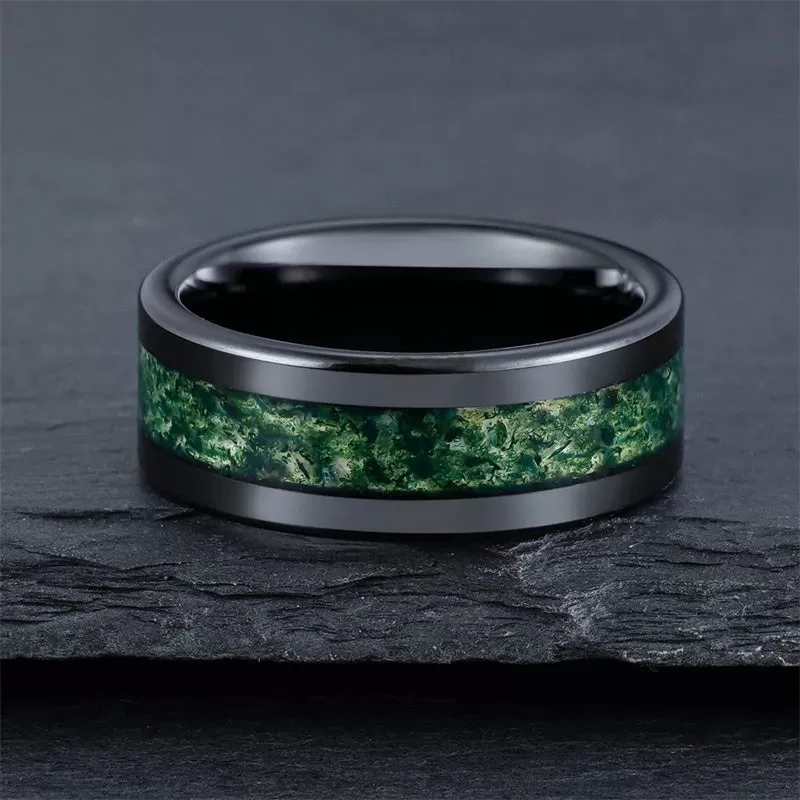 Moss Agate Ring 925 Sterling Silver Custom Engraving Text Men's Wedding Rings Promise Ring Gift for Engagement/Wedding