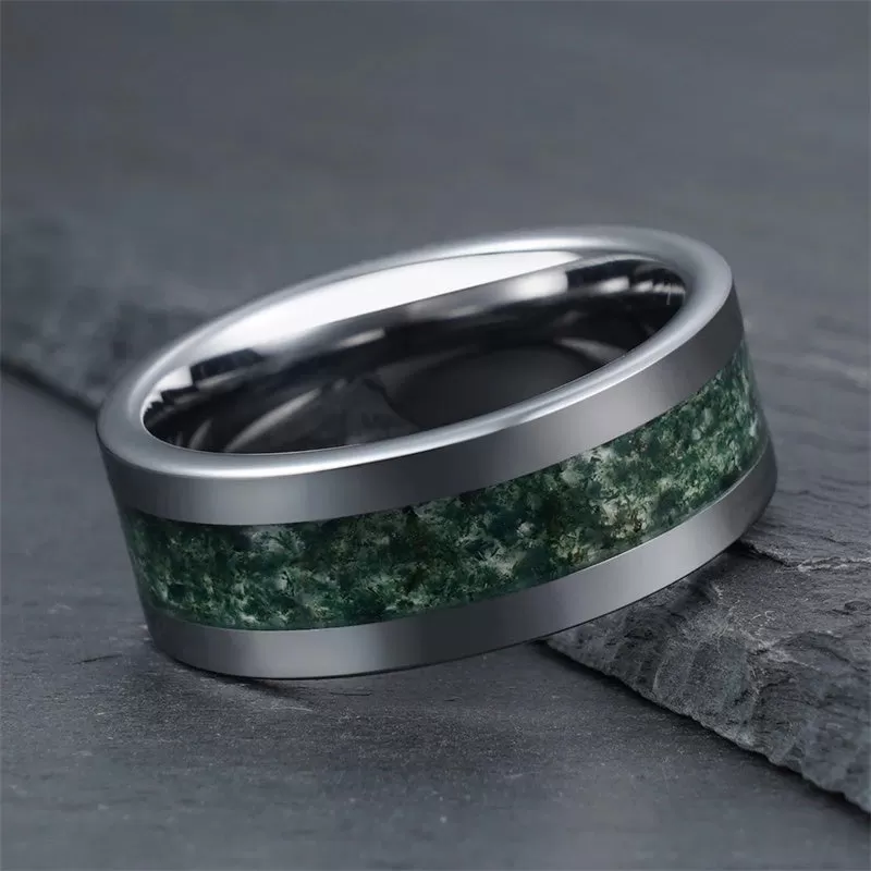 Moss Agate Ring 925 Sterling Silver Custom Engraving Text Men's Wedding Rings Promise Ring Gift for Engagement/Wedding