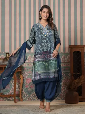 Multicolor Viscose Muslin Yoke Design Kurta with Balloon Pant and Dupatta