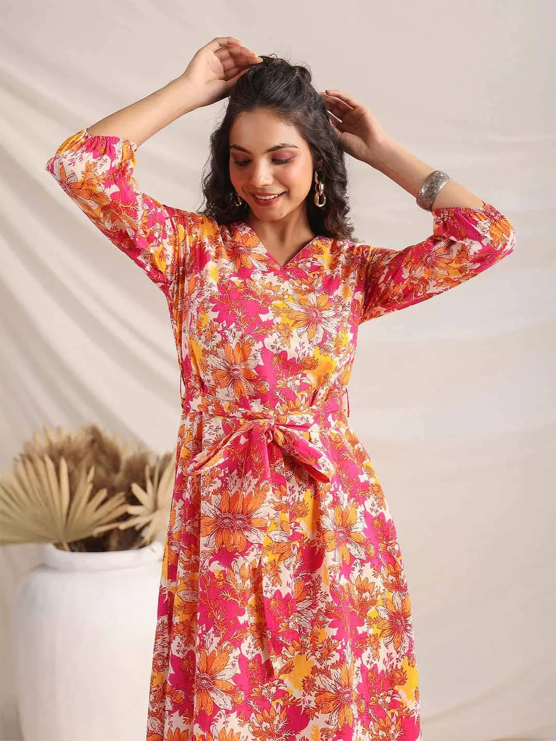 Multicolour Cotton Floral A-Line Dress